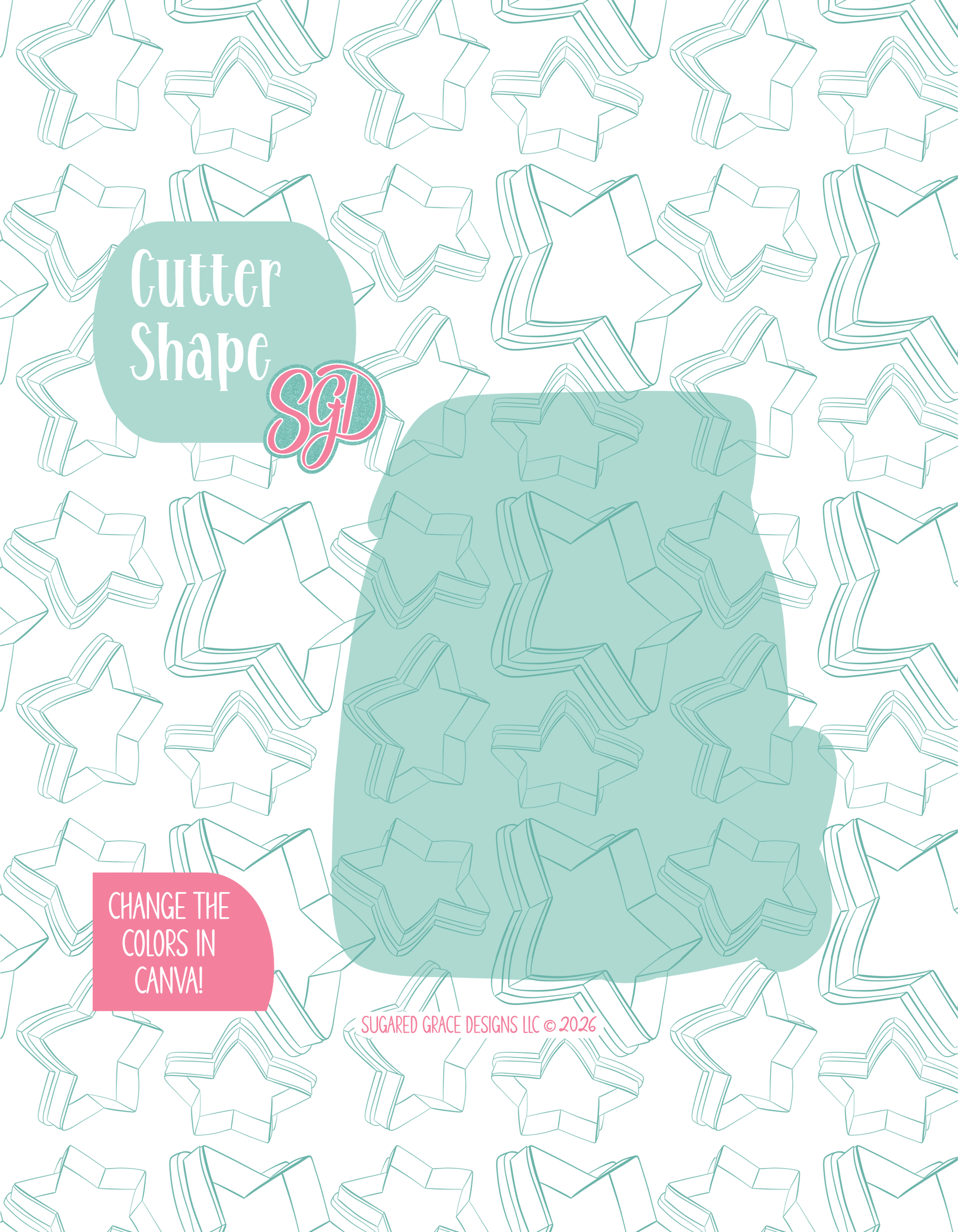 Illustrated Goldfish cracker and brown bag lunch, displayed on a background watermarked with a teal star pattern representing Sugared Grace Design’s brand. Text explains that the listing includes a Goldfish Lunch STL cookie cutter in multiple sizes plus editable PNG files.