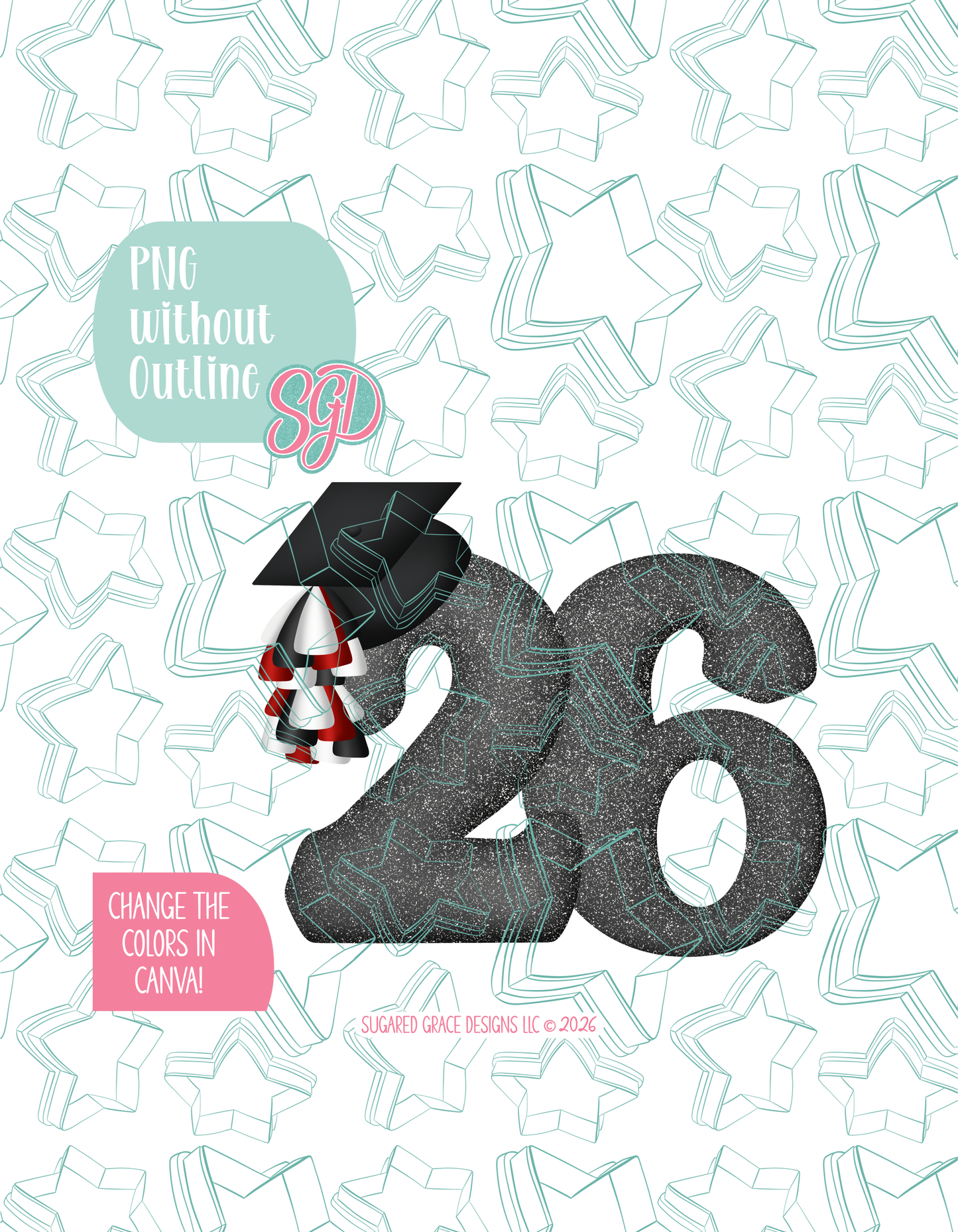 Full color version of the illustrated grad 26, shown without black outlines on a background watermarked with Sugared Grace Designs’ tag star pattern