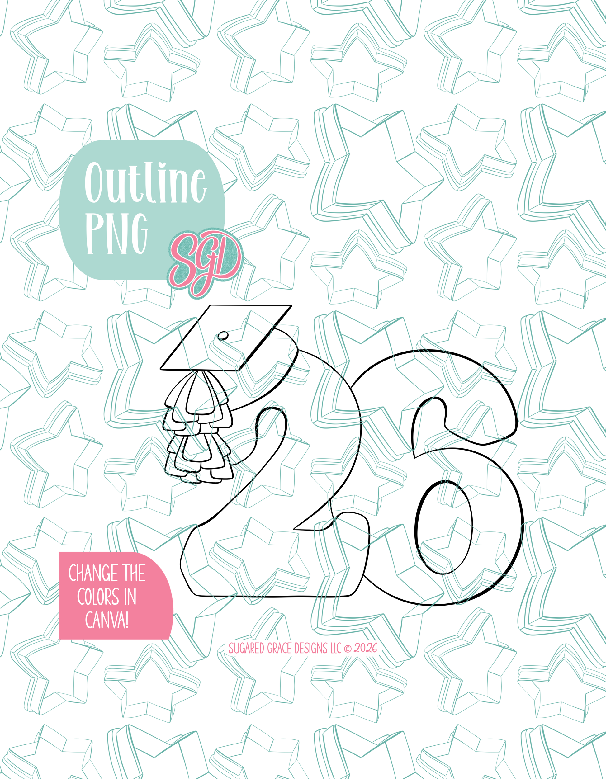 Black line outline drawing of the grad 26, displayed on a background watermarked with Sugared Grace Designs’ teal star pattern
