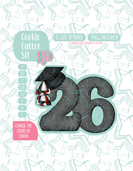 Illustrated 26 with a grad hat on top left, displayed on a background watermarked with a teal star pattern representing Sugared Grace Design’s brand. Text explains that the listing includes a grad 26 STL cookie cutter in multiple sizes plus editable PNG files.