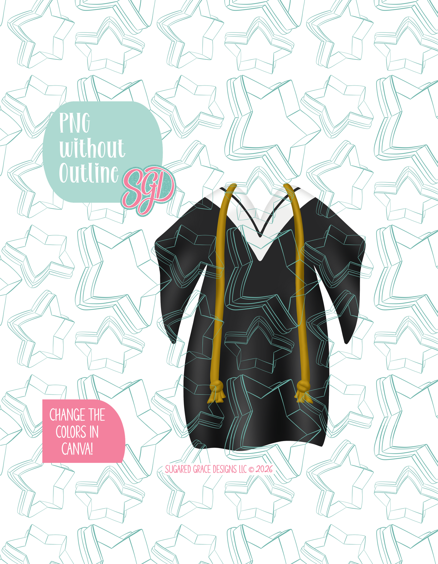 Full color version of the illustrated grad gown, shown without black outlines on a background watermarked with Sugared Grace Designs’ tag star pattern