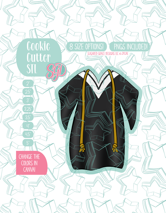 Illustrated grad gown, displayed on a background watermarked with a teal star pattern representing Sugared Grace Design’s brand. Text explains that the listing includes a grad gown STL cookie cutter in multiple sizes plus editable PNG files.