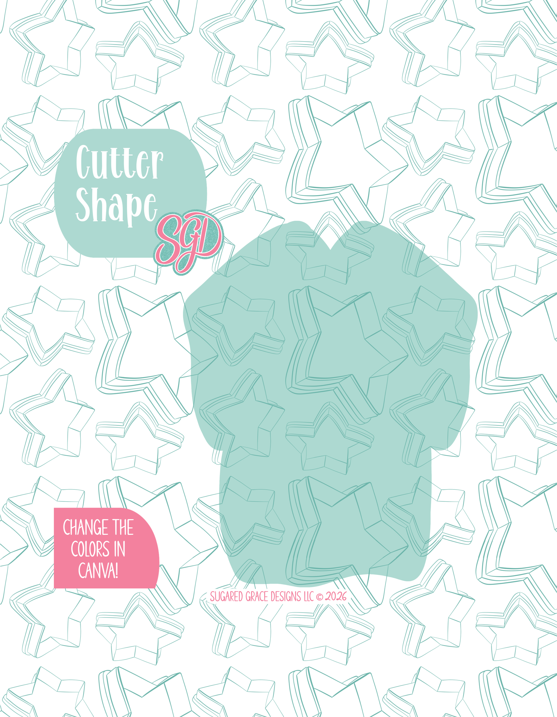 Solid teal silhouette showing the exact outer shape of the grad gown cookie cutter, displayed on a background watermarked with Sugared Grace Design’s teal star pattern