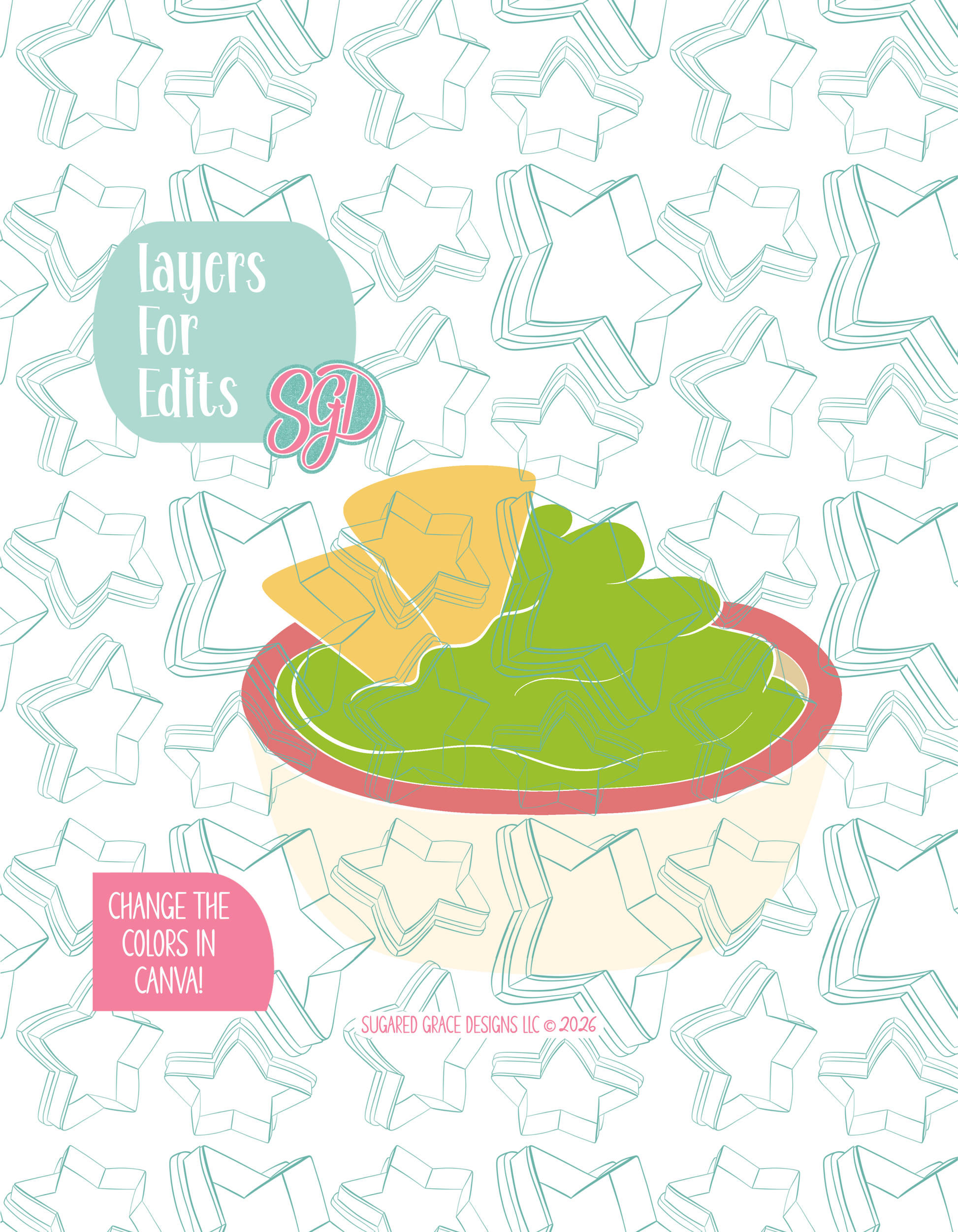 Colored layer breakdown of the guac bowl showing each section in a different color, with every color representing a separate editable layer in Canva. Displayed on a background watermarked with Sugared Grace Designs’ teal star pattern