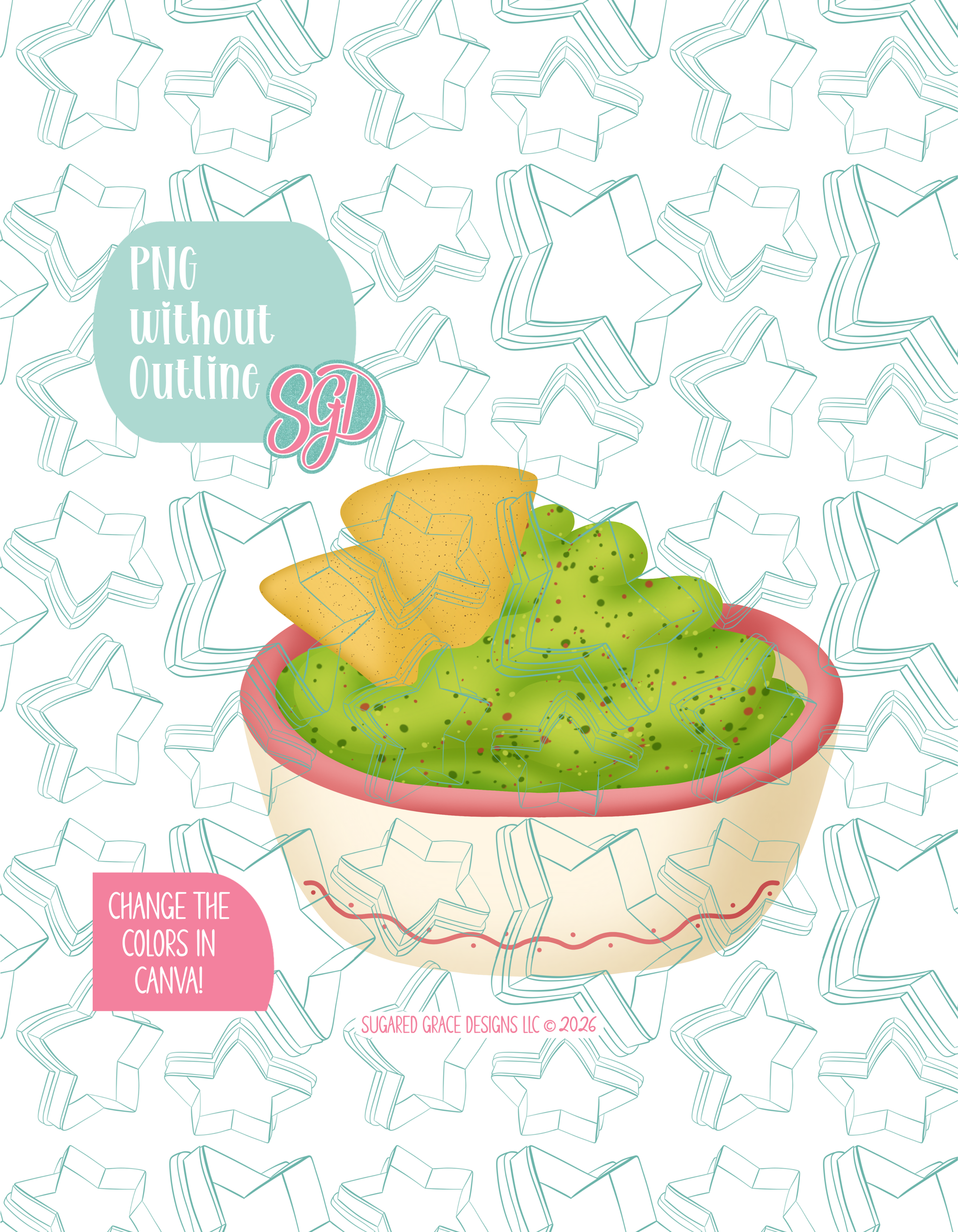 Full color version of the illustrated guac bowl, shown without black outlines on a background watermarked with Sugared Grace Designs’ tag star pattern