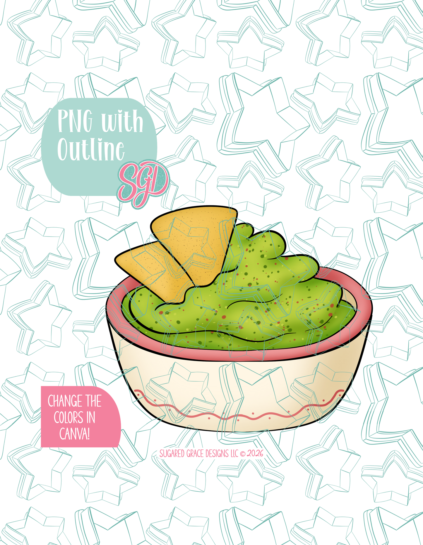 Full color illustrated guac bowl, shown with a black outline on a background watermarked with Sugared Grace Designs’ teal star pattern