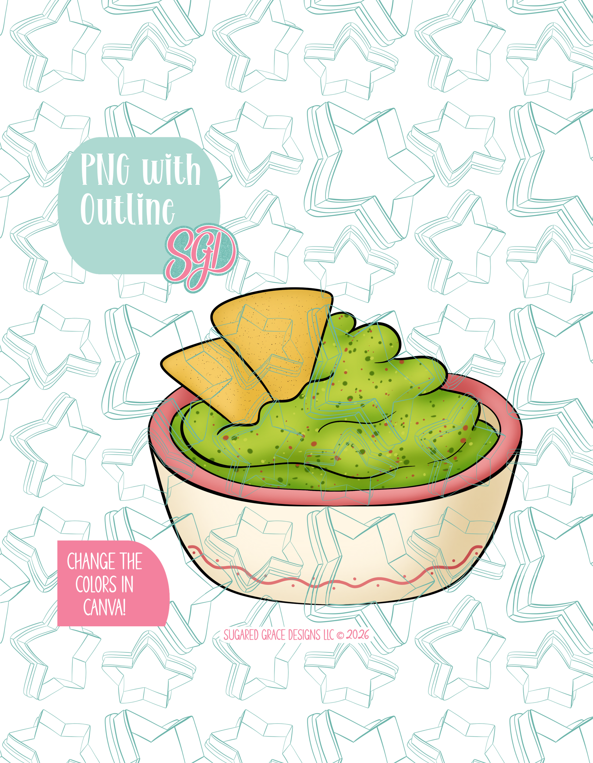 Full color illustrated guac bowl, shown with a black outline on a background watermarked with Sugared Grace Designs’ teal star pattern