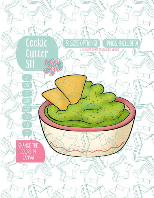 Illustrated guacamole Bowl with chips, displayed on a background watermarked with a teal star pattern representing Sugared Grace Design’s brand. Text explains that the listing includes a guac bowl STL cookie cutter in multiple sizes plus editable PNG files.