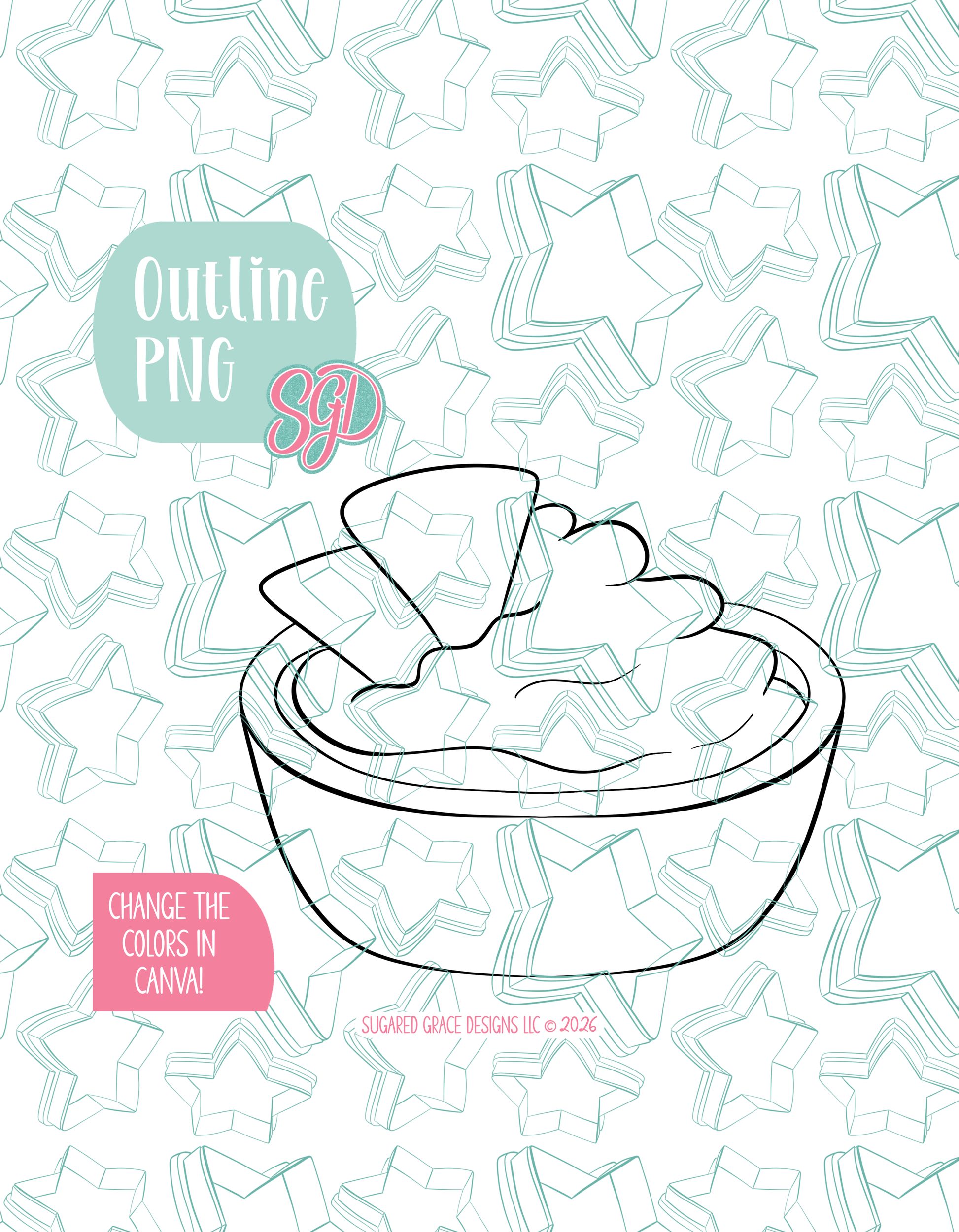 Black line outline drawing of the guac bowl displayed on a background watermarked with Sugared Grace Designs’ teal star pattern