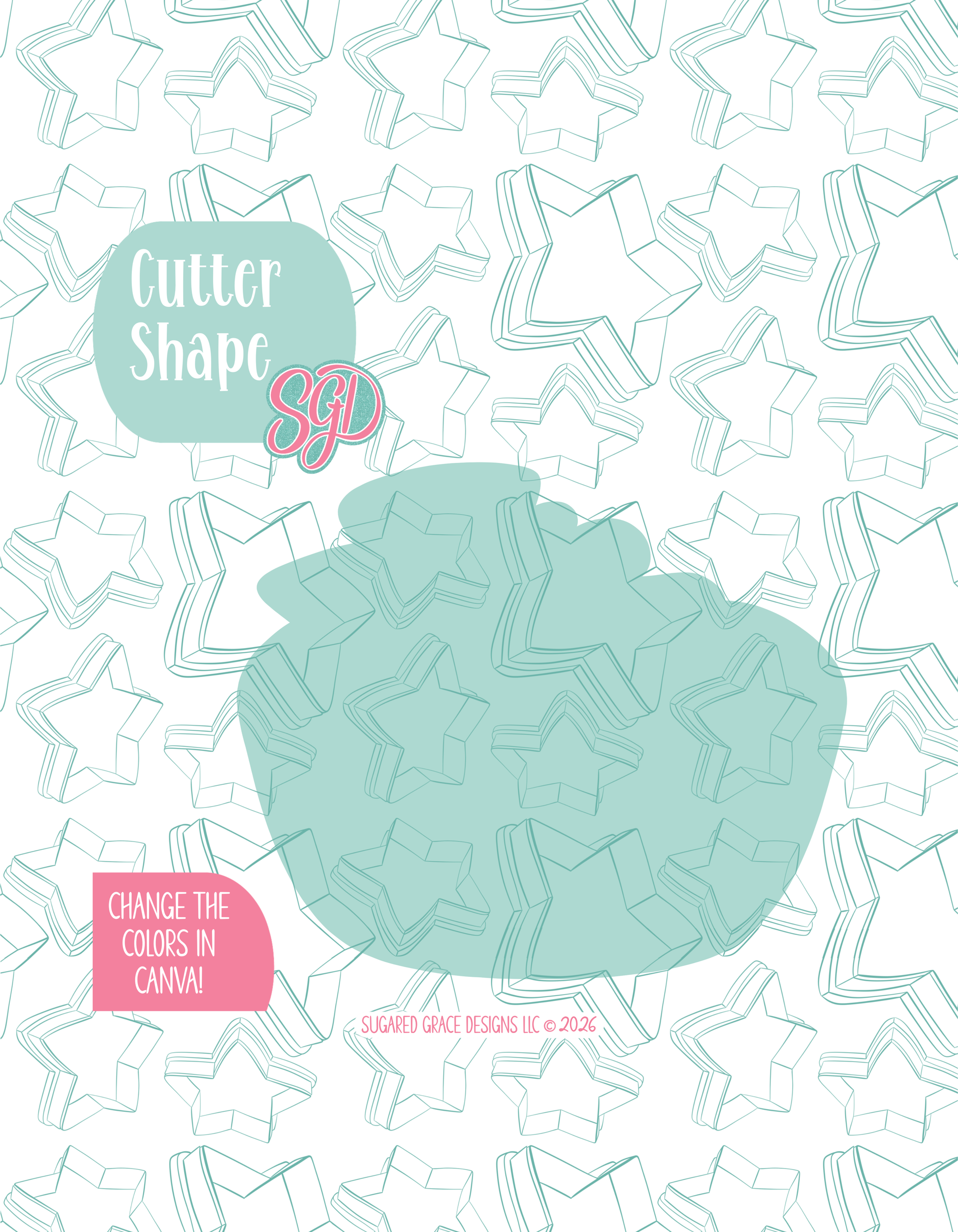 Solid teal silhouette showing the exact outer shape of the guac bowl cookie cutter, displayed on a background watermarked with Sugared Grace Design’s teal star pattern