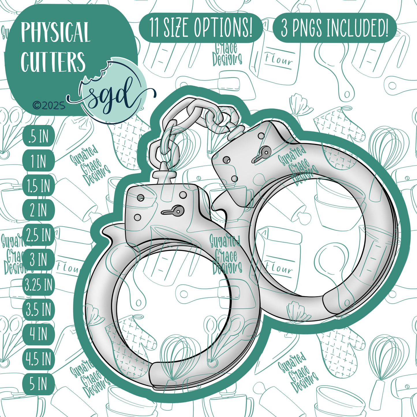 Police Handcuffs Cookie Cutter with PNG Images to Match - Hand Drawn Graphics for Edible Ink Printers