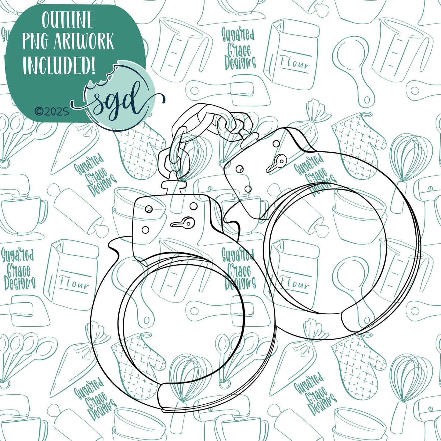 Police Handcuffs Cookie Cutter with PNG Images to Match - Hand Drawn Graphics for Edible Ink Printers