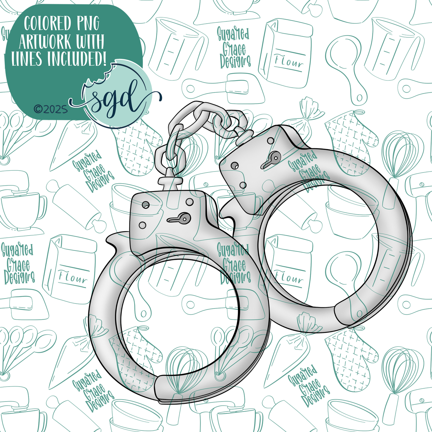 Police Handcuffs Cookie Cutter with PNG Images to Match - Hand Drawn Graphics for Edible Ink Printers