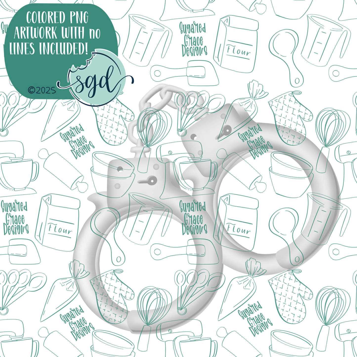 Police Handcuffs Cookie Cutter with PNG Images to Match - Hand Drawn Graphics for Edible Ink Printers