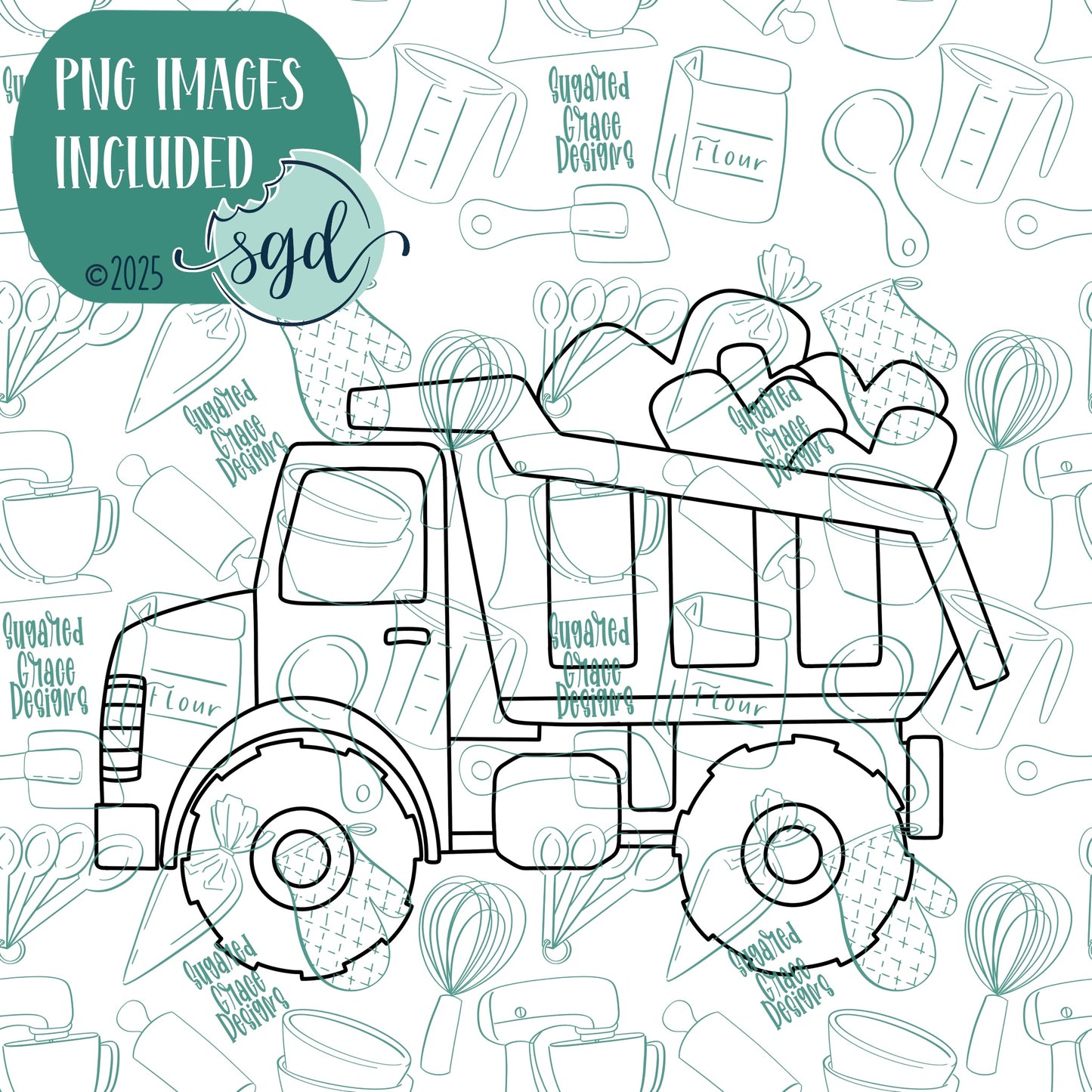 Loads of Love Dump Truck Cookie Cutter with PNG Images to Match - Hand Drawn Graphics for Edible Ink Printers