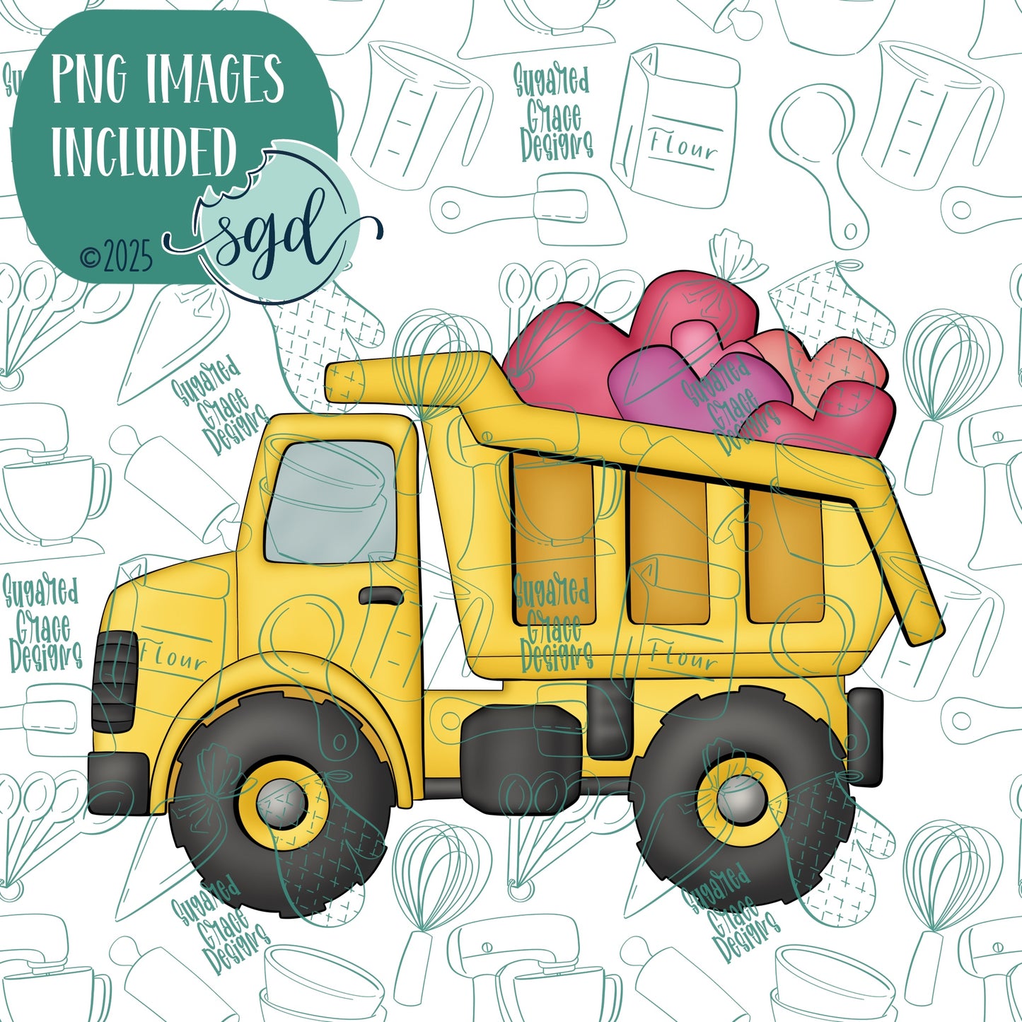 Loads of Love Dump Truck Cookie Cutter with PNG Images to Match - Hand Drawn Graphics for Edible Ink Printers