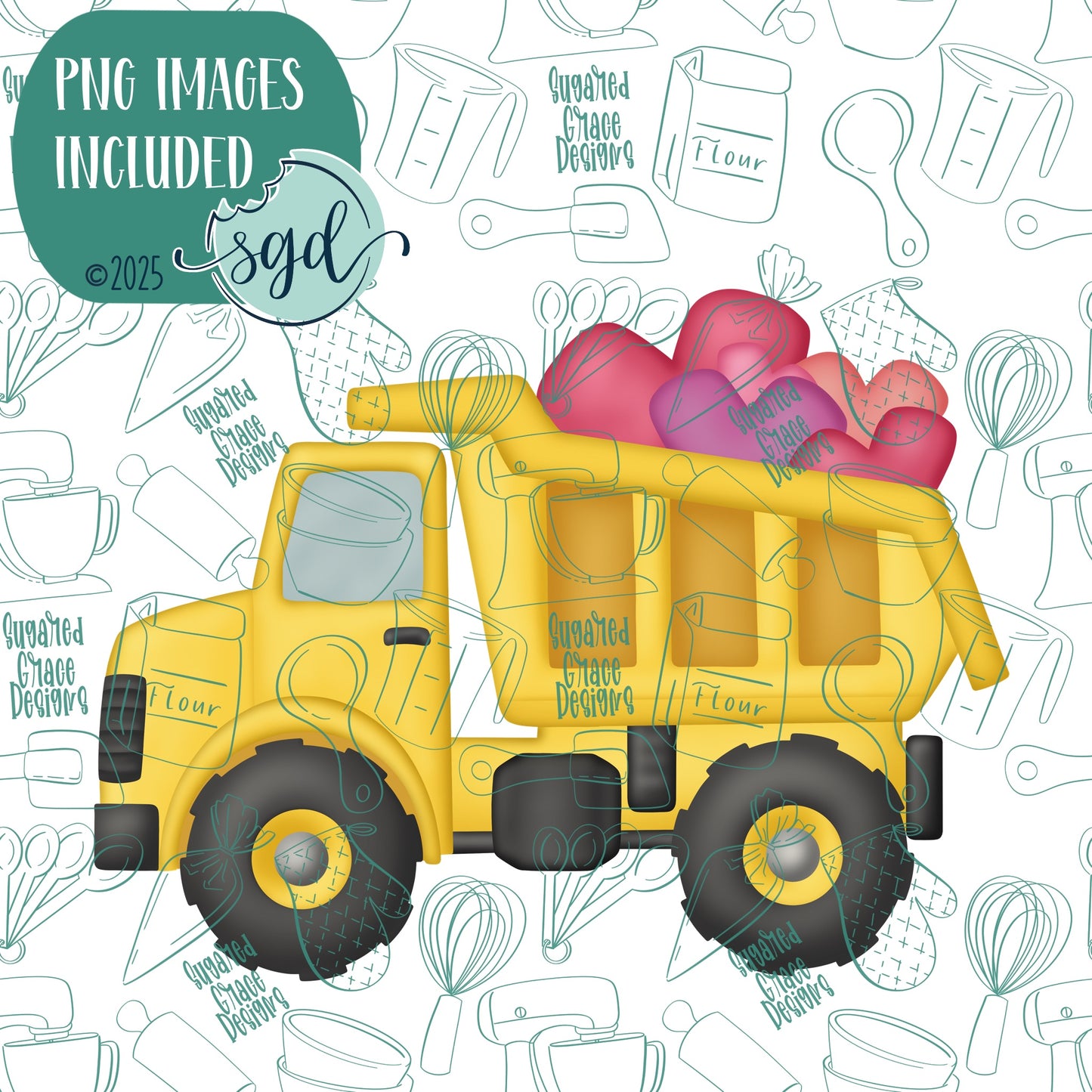 Loads of Love Dump Truck Cookie Cutter with PNG Images to Match - Hand Drawn Graphics for Edible Ink Printers