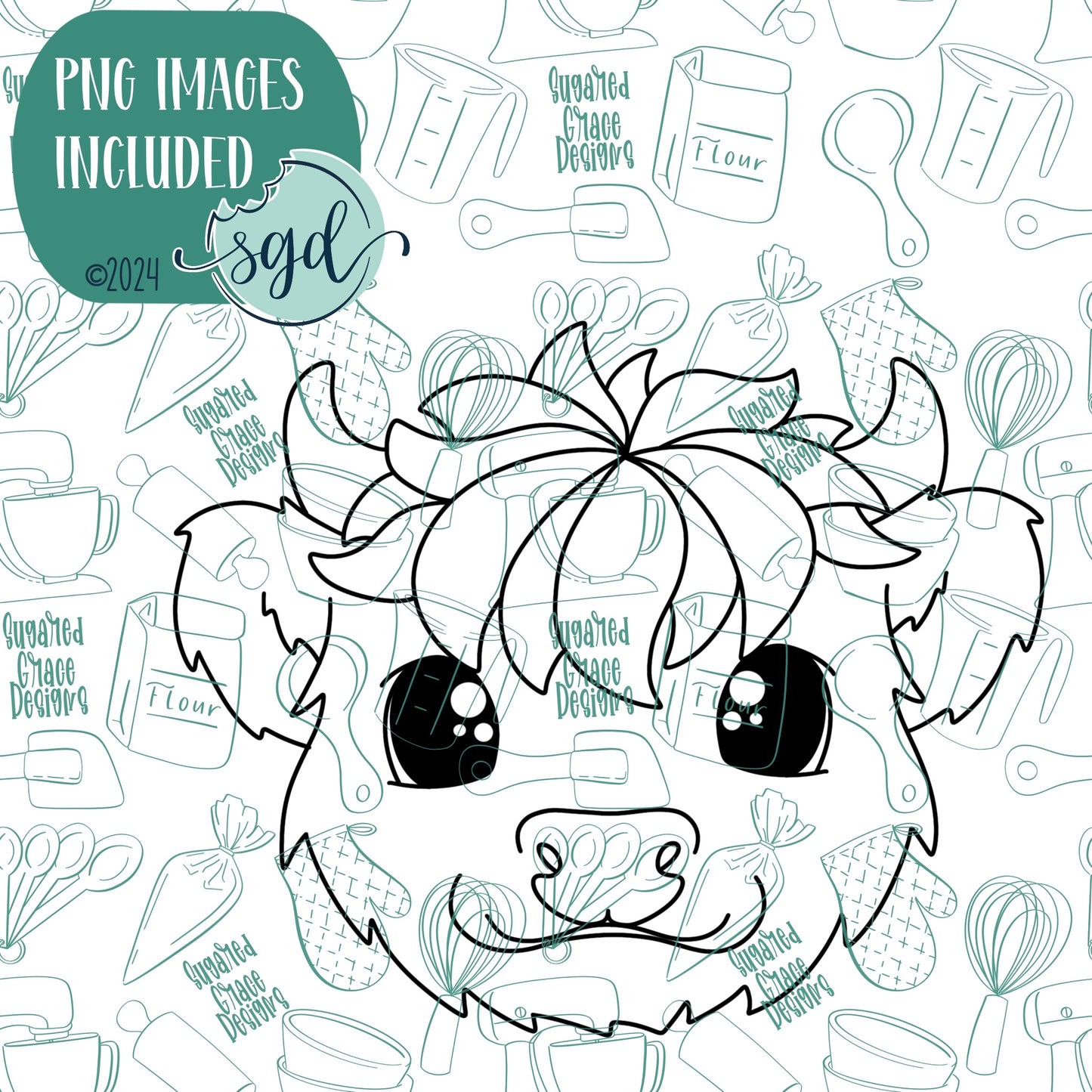 Highland Cow Cookie Cutter with PNG Images to Match - Hand Drawn Graphics for Edible Ink Printers