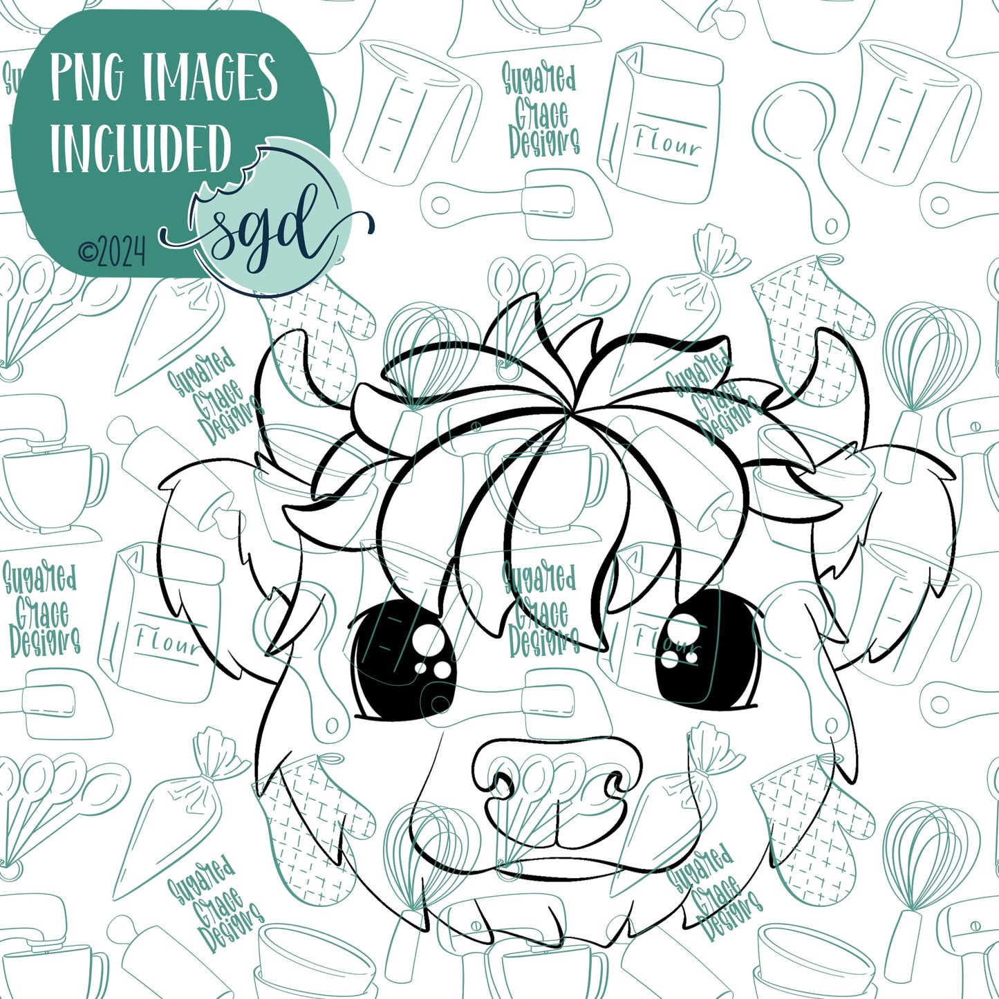 Highland Cow Cookie Cutter with PNG Images to Match - Hand Drawn Graphics for Edible Ink Printers