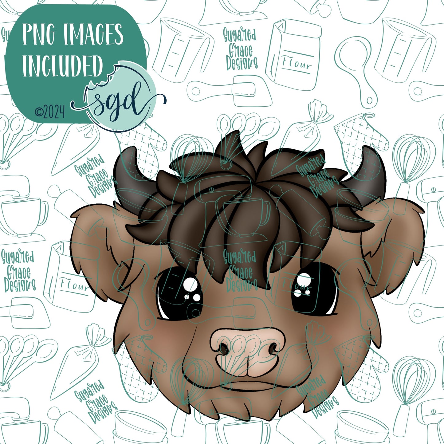 Highland Cow Cookie Cutter with PNG Images to Match - Hand Drawn Graphics for Edible Ink Printers