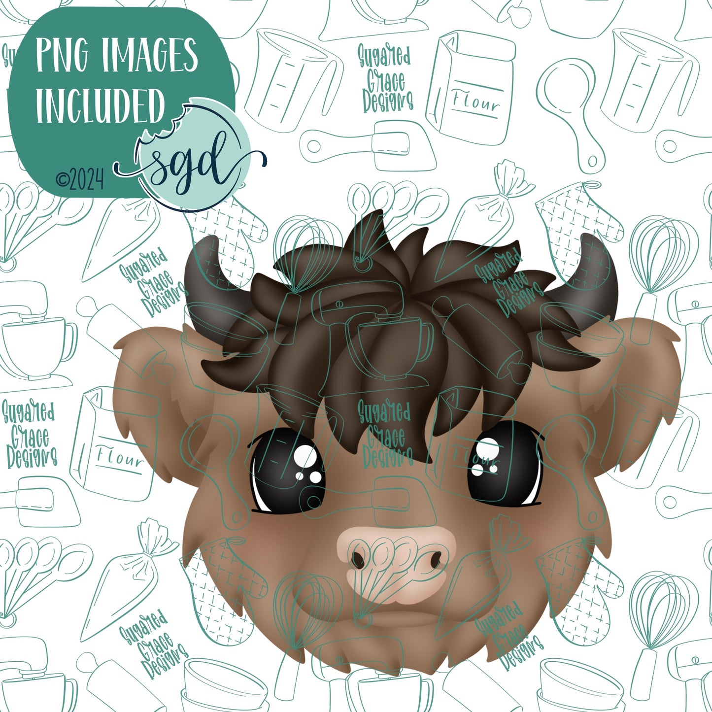 Highland Cow Cookie Cutter with PNG Images to Match - Hand Drawn Graphics for Edible Ink Printers