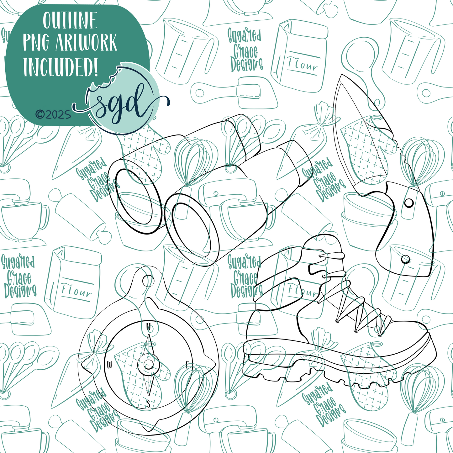 Hiking Cookie Cutter Set of 4 with PNG Images to Match - Hand Drawn Graphics for Edible Ink Printers