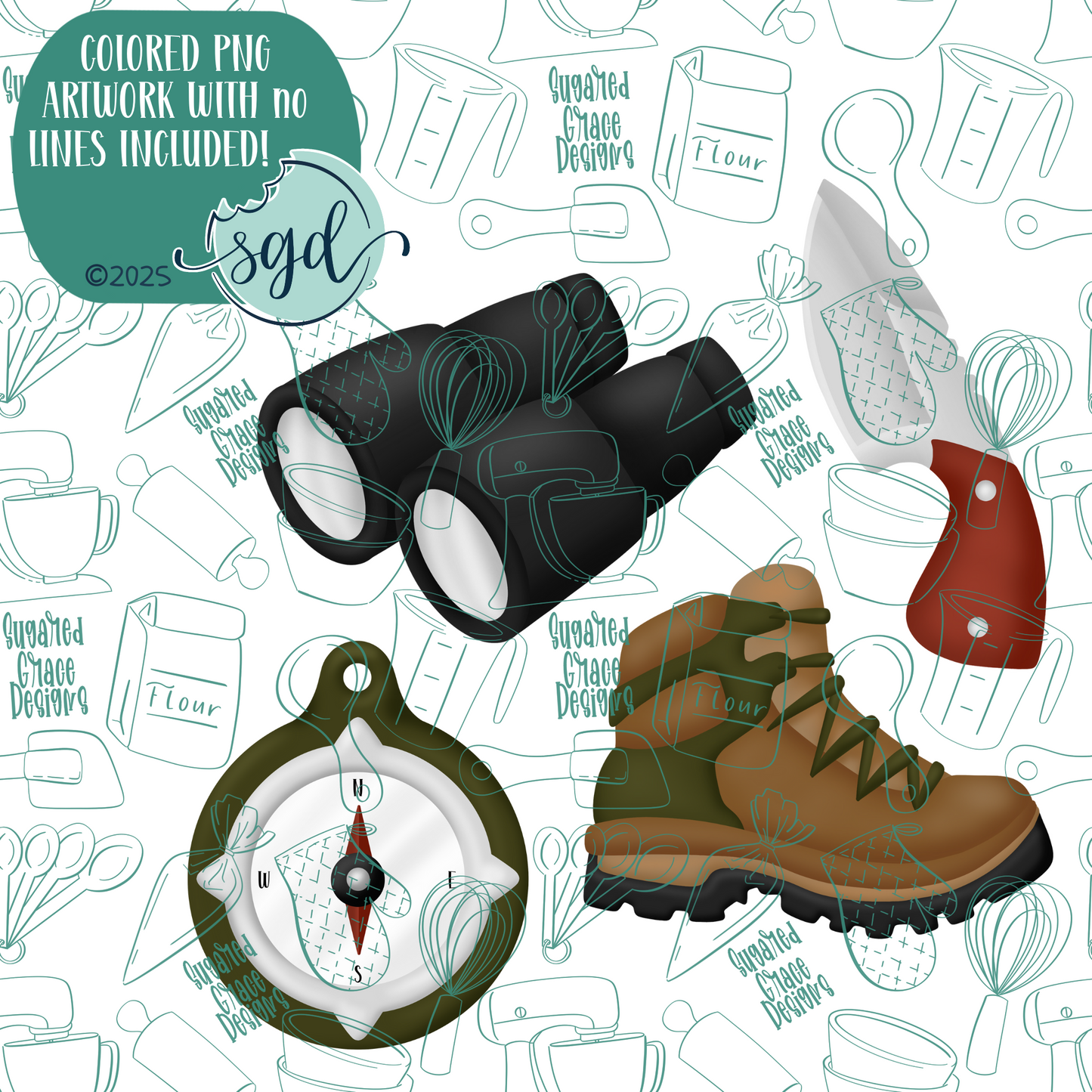 Hiking Cookie Cutter Set of 4 with PNG Images to Match - Hand Drawn Graphics for Edible Ink Printers