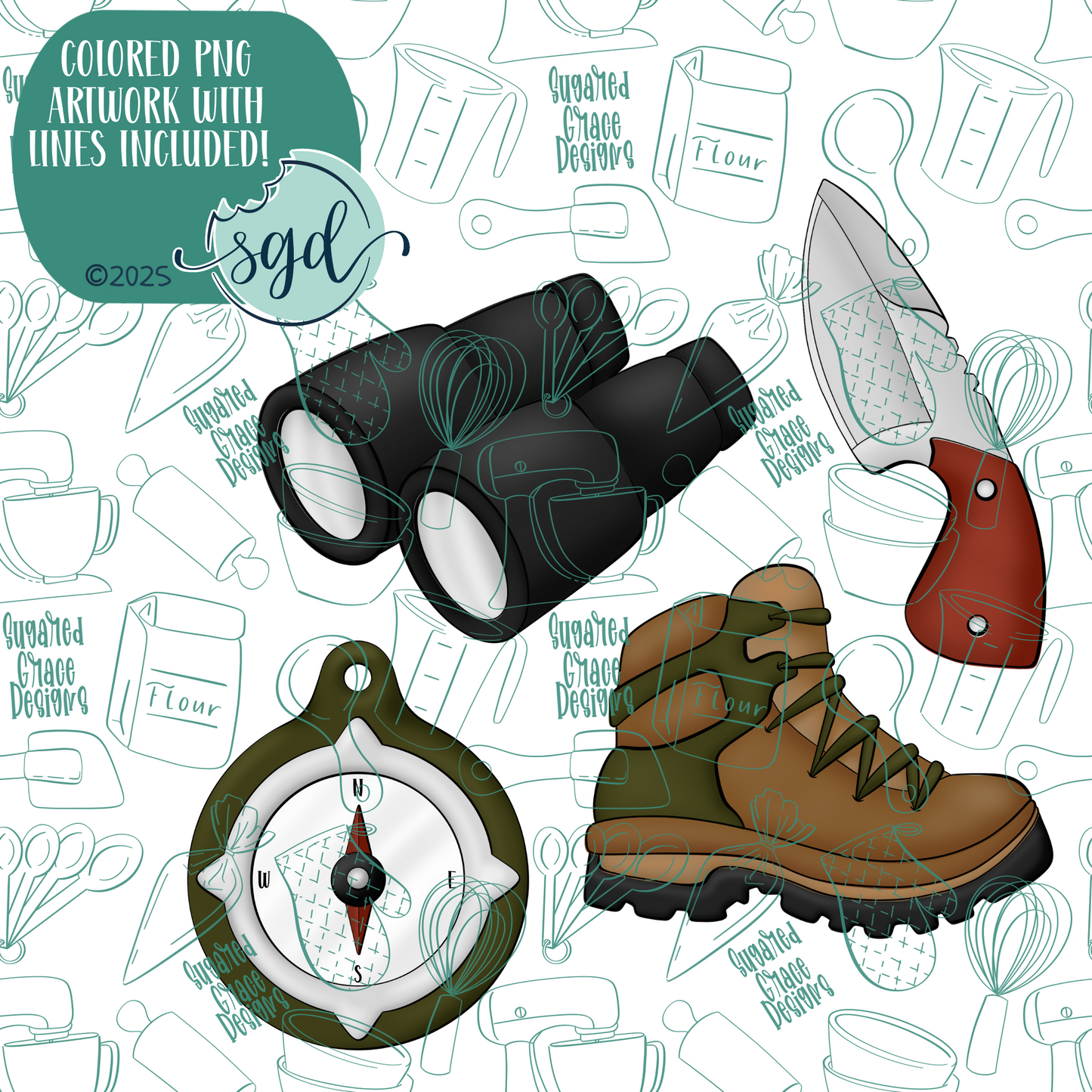 Hiking Cookie Cutter Set of 4 with PNG Images to Match - Hand Drawn Graphics for Edible Ink Printers