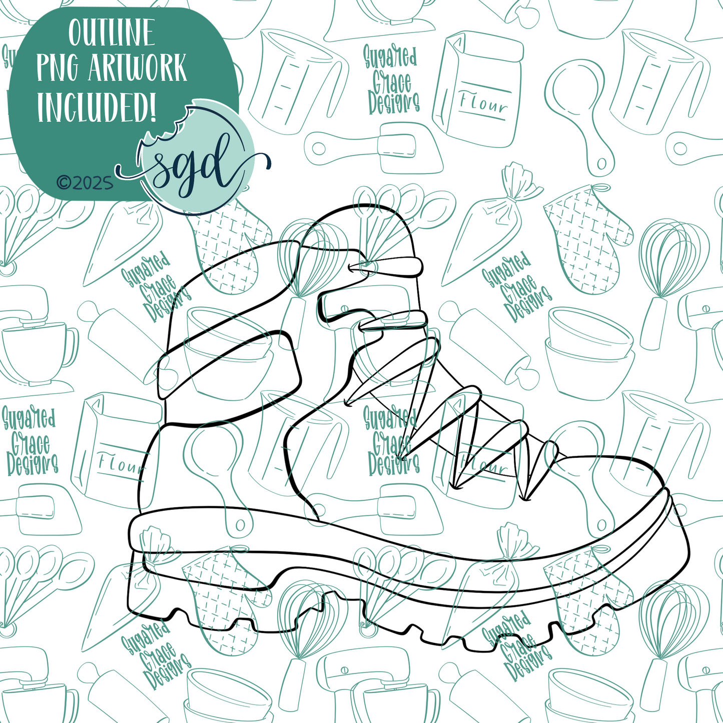 Hiking Shoe Cookie Cutter with PNG Images to Match - Hand Drawn Graphics for Edible Ink Printers
