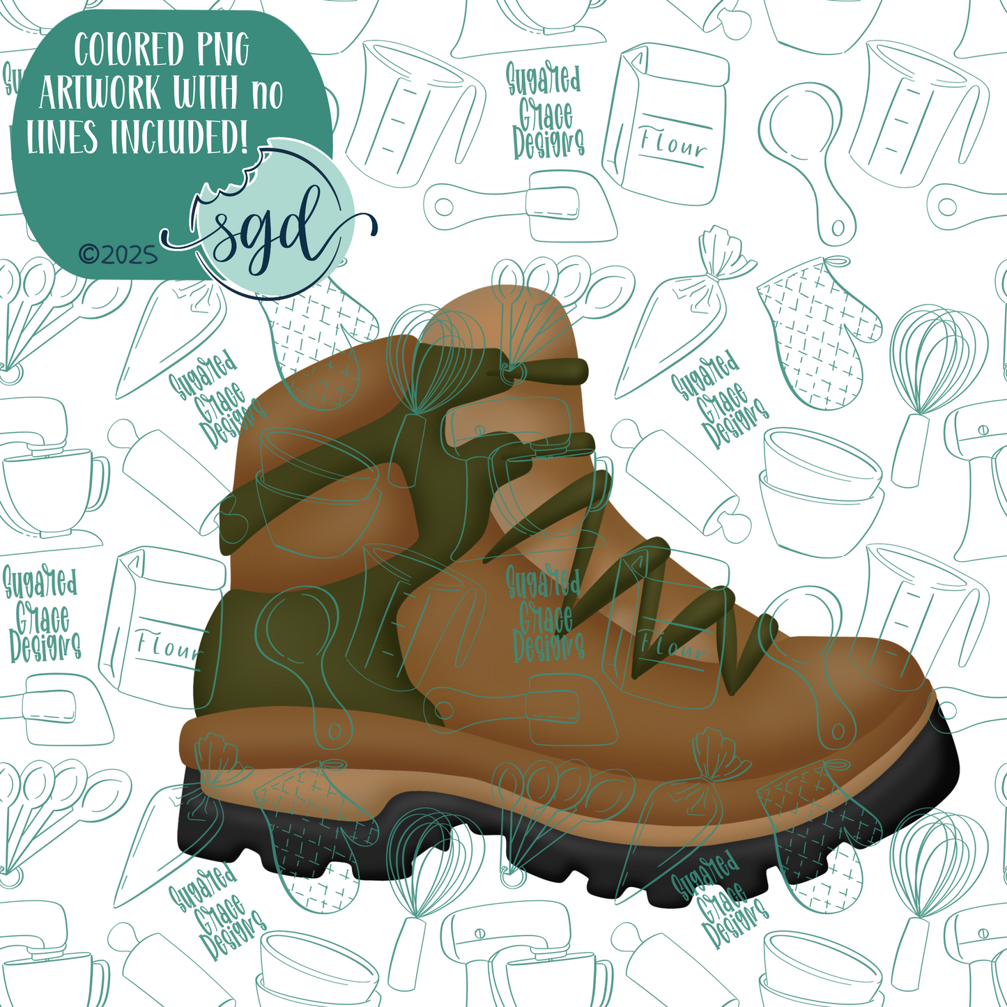 Hiking Shoe Cookie Cutter with PNG Images to Match - Hand Drawn Graphics for Edible Ink Printers