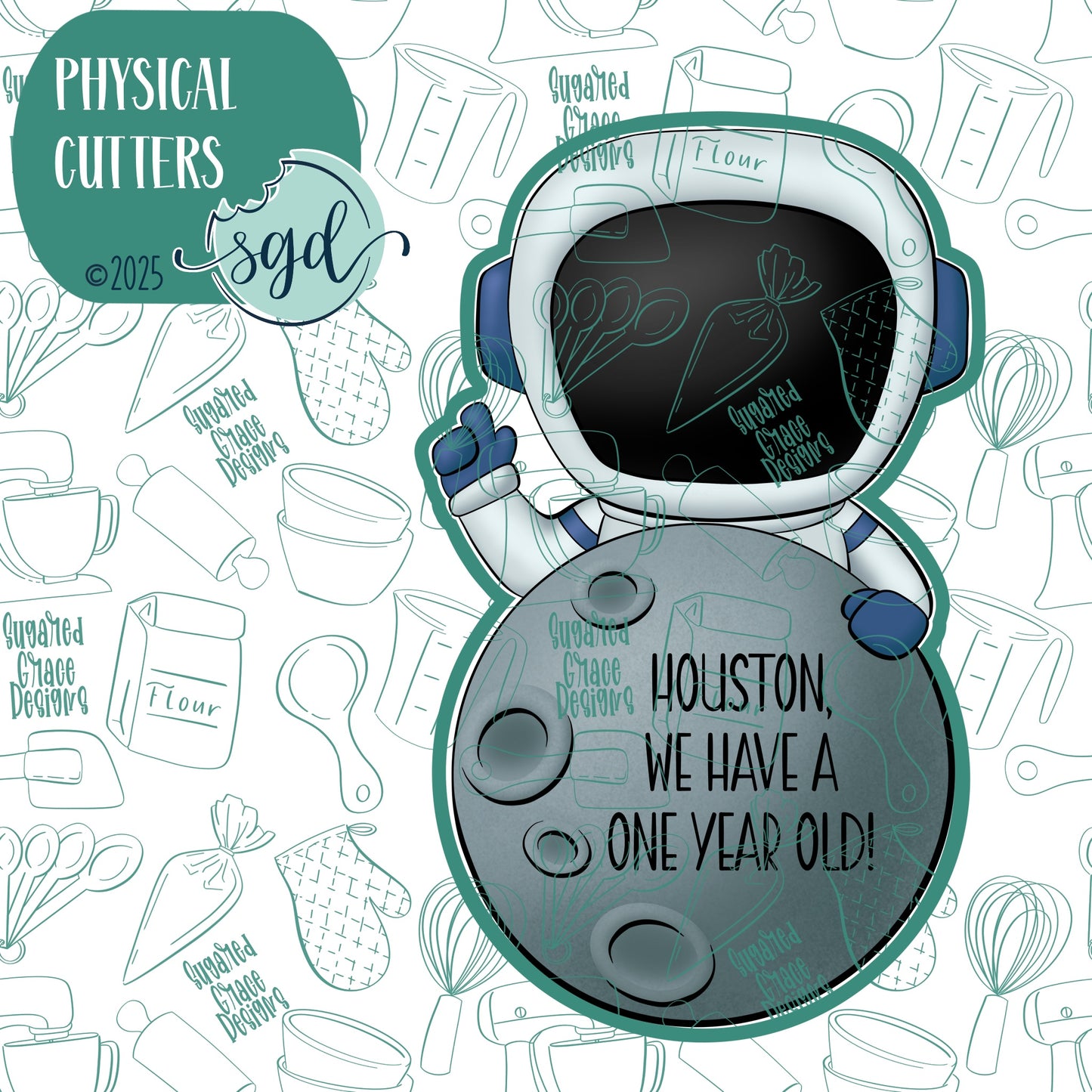 Houston We Have A One Year Old Cookie Cutter Plaque with PNG Images to Match - Hand Drawn Graphics for Edible Ink Printers