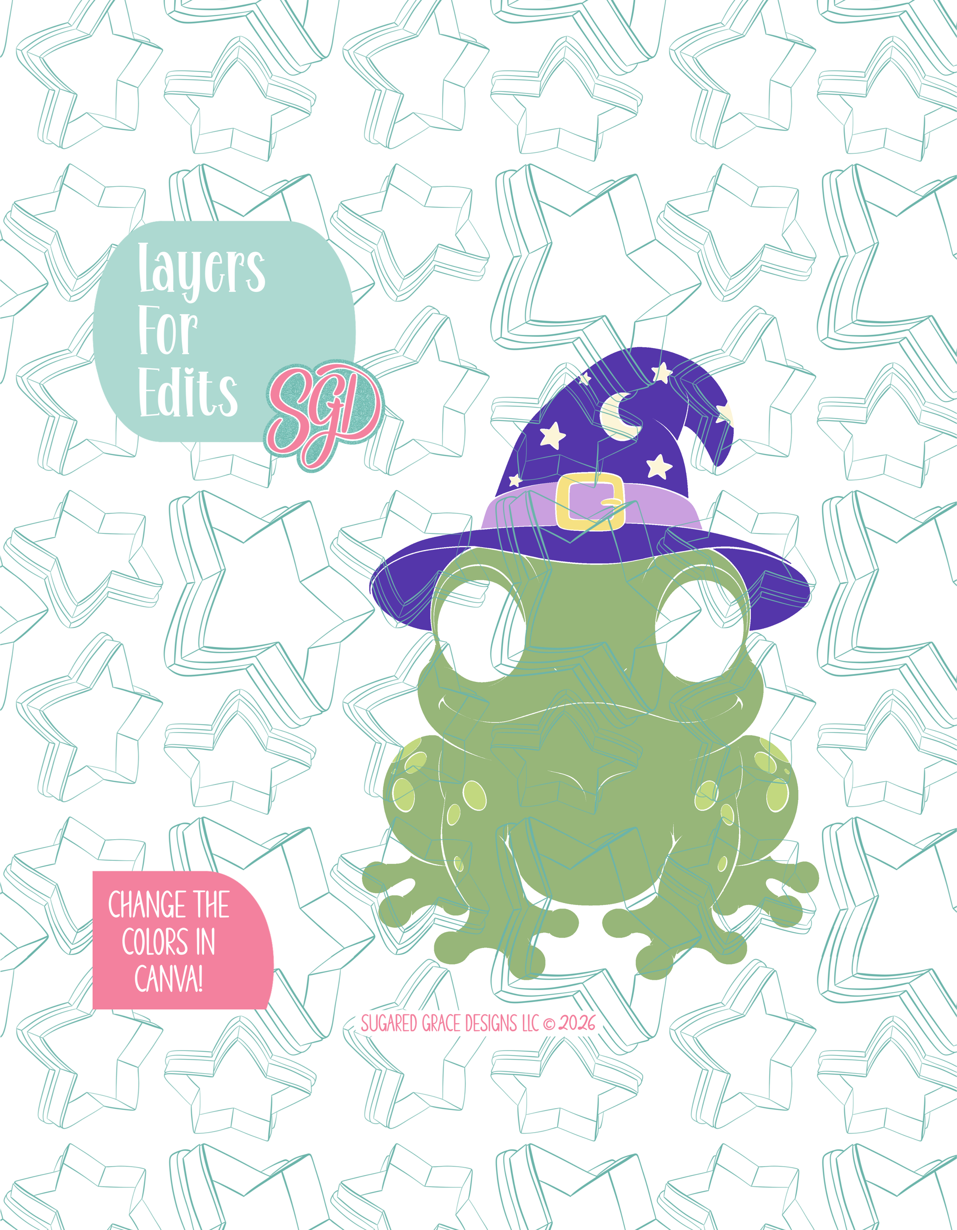 Colored layer breakdown of the Halloween Frog showing each section in a different color, with every color representing a separate editable layer in Canva. Displayed on a background watermarked with Sugared Grace Designs’ teal star pattern