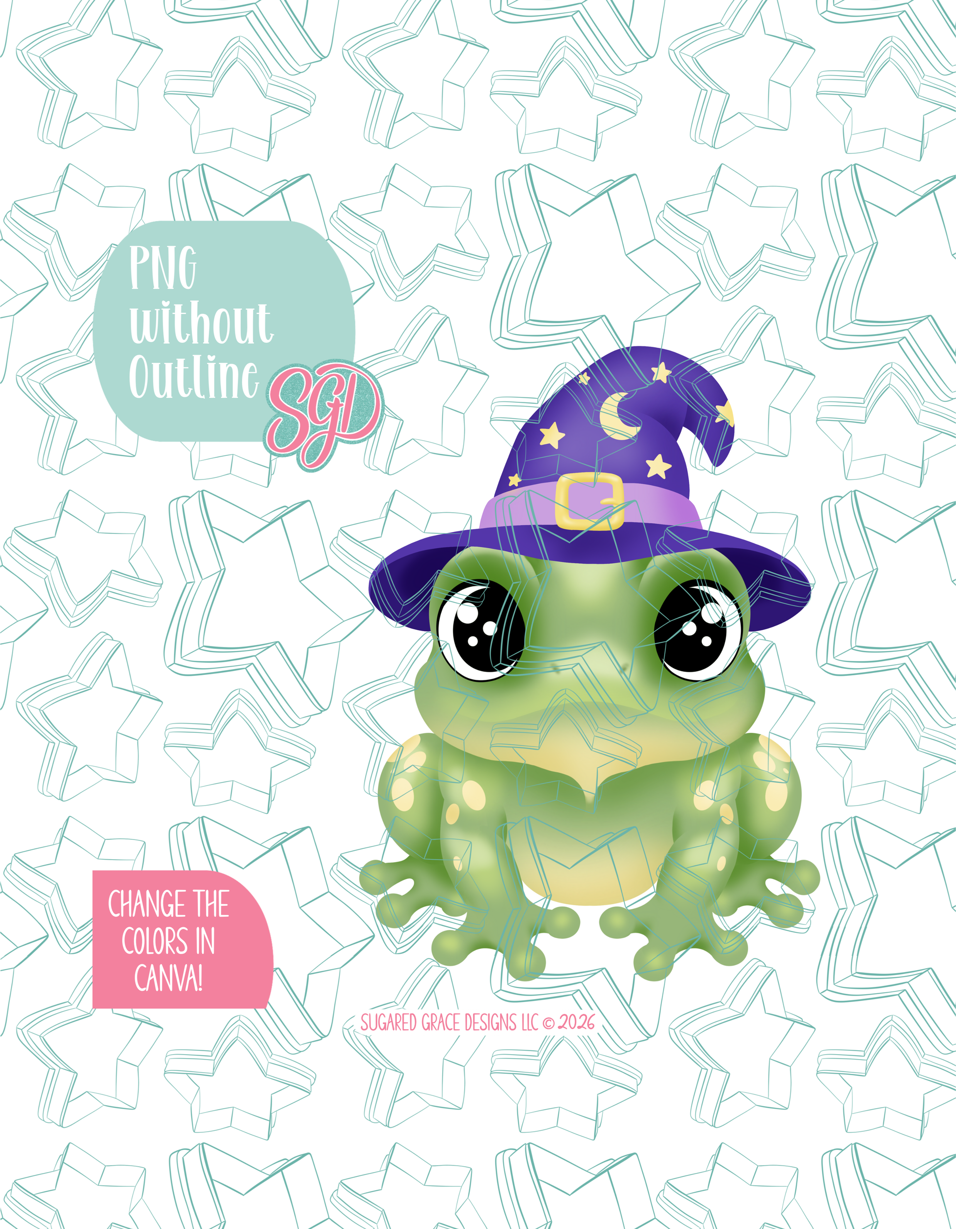 Full color version of the illustrated Halloween Frog, shown without black outlines on a background watermarked with Sugared Grace Designs’ tag star pattern