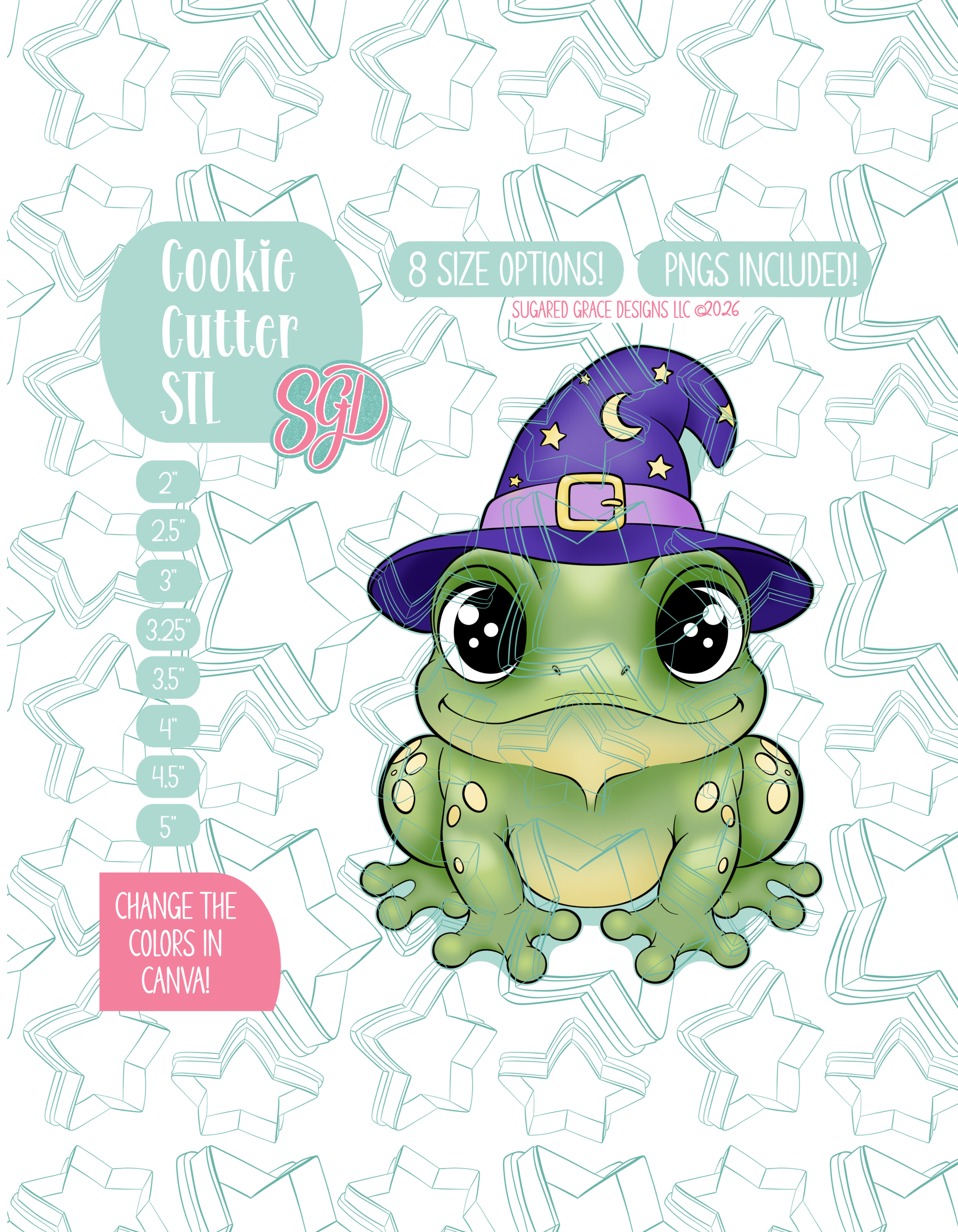 Illustrated frog with witch hat, displayed on a background watermarked with a teal star pattern representing Sugared Grace Design’s brand. Text explains that the listing includes a Halloween Frog STL cookie cutter in multiple sizes plus editable PNG files.