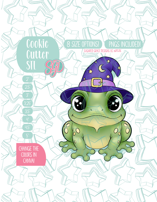 Illustrated frog with witch hat, displayed on a background watermarked with a teal star pattern representing Sugared Grace Design’s brand. Text explains that the listing includes a Halloween Frog STL cookie cutter in multiple sizes plus editable PNG files.