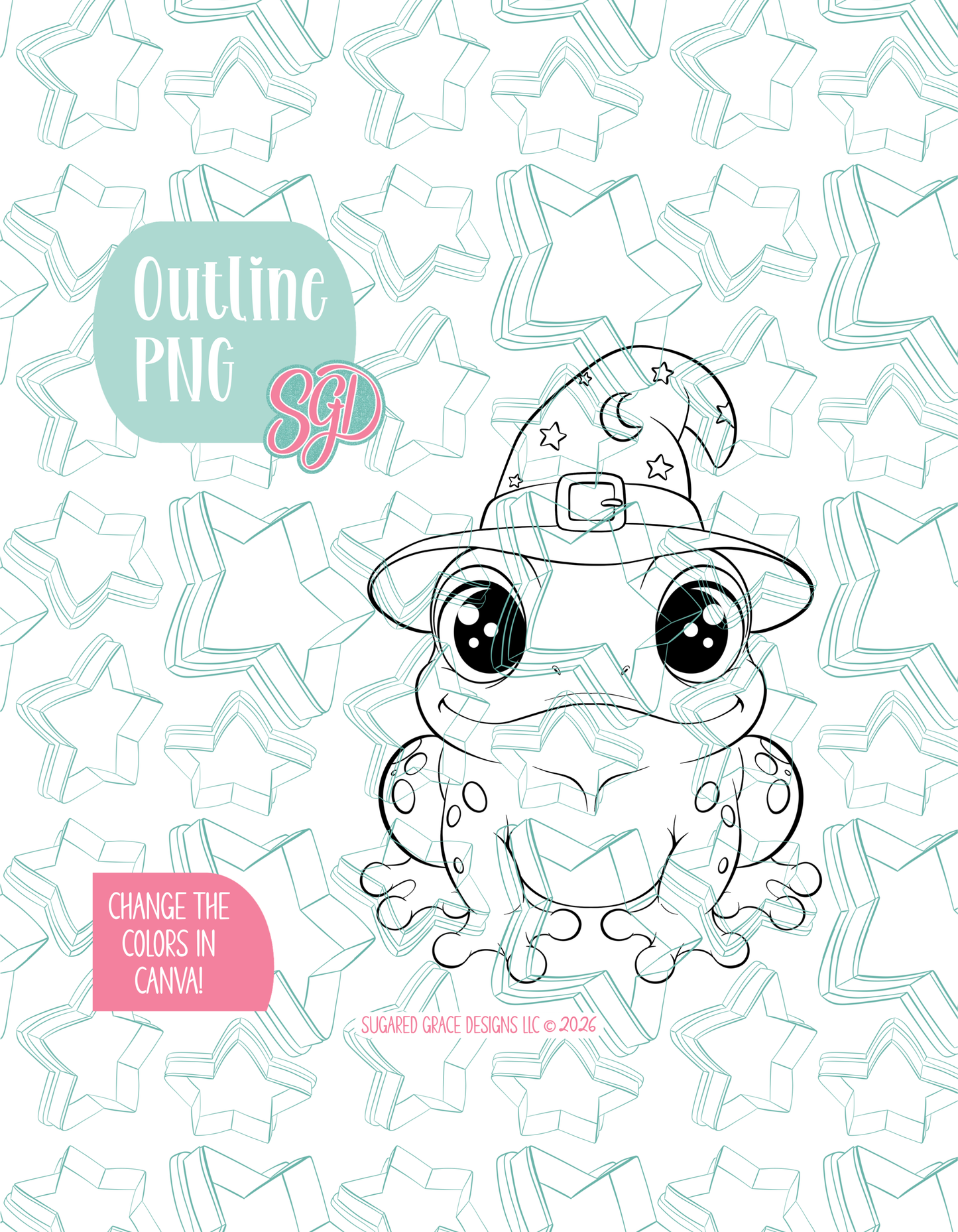 Black line outline drawing of the Halloween Frog displayed on a background watermarked with Sugared Grace Designs’ teal star pattern