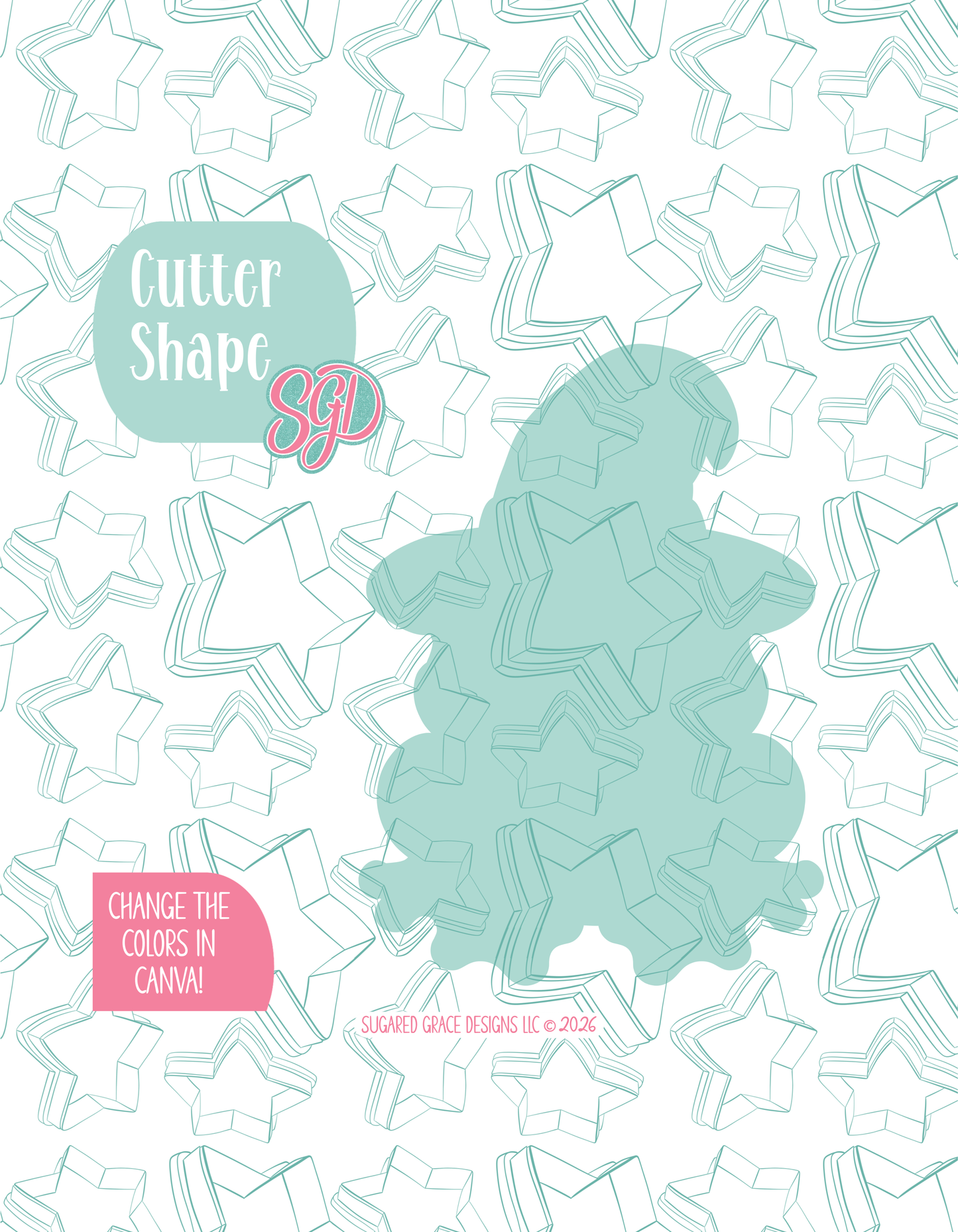 Solid teal silhouette showing the exact outer shape of the Halloween Frog cookie cutter, displayed on a background watermarked with Sugared Grace Design’s teal star pattern