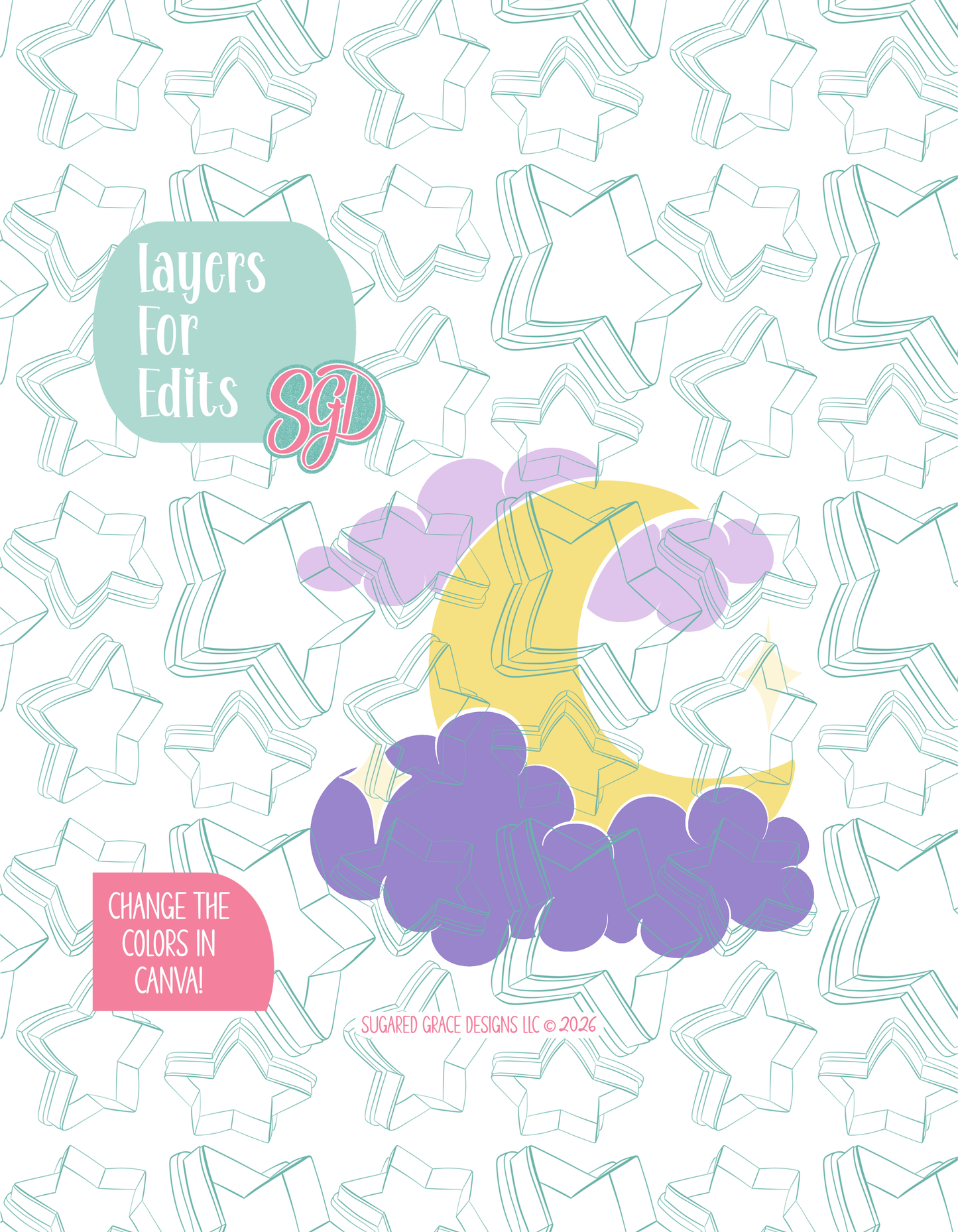 Colored layer breakdown of the Halloween Moon showing each section in a different color, with every color representing a separate editable layer in Canva. Displayed on a background watermarked with Sugared Grace Designs’ teal star pattern