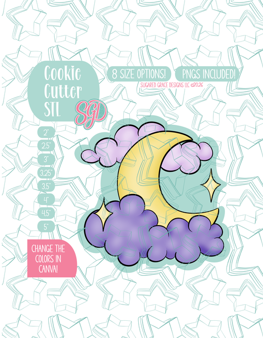 Illustrated moon with purple clouds, displayed on a background watermarked with a teal star pattern representing Sugared Grace Design’s brand. Text explains that the listing includes a Halloween Moon STL cookie cutter in multiple sizes plus editable PNG files.