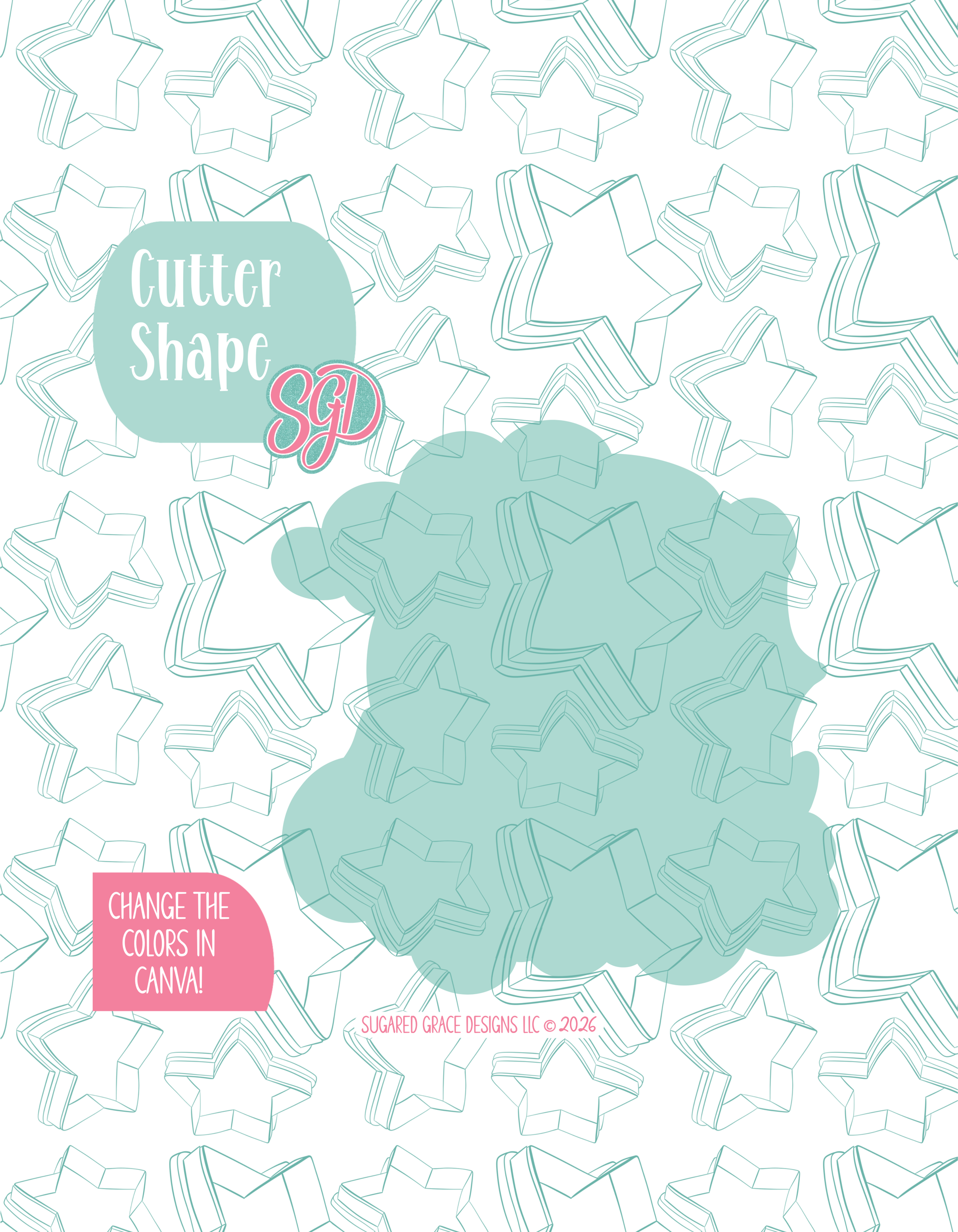 Solid teal silhouette showing the exact outer shape of the Halloween Moon cookie cutter, displayed on a background watermarked with Sugared Grace Design’s teal star pattern