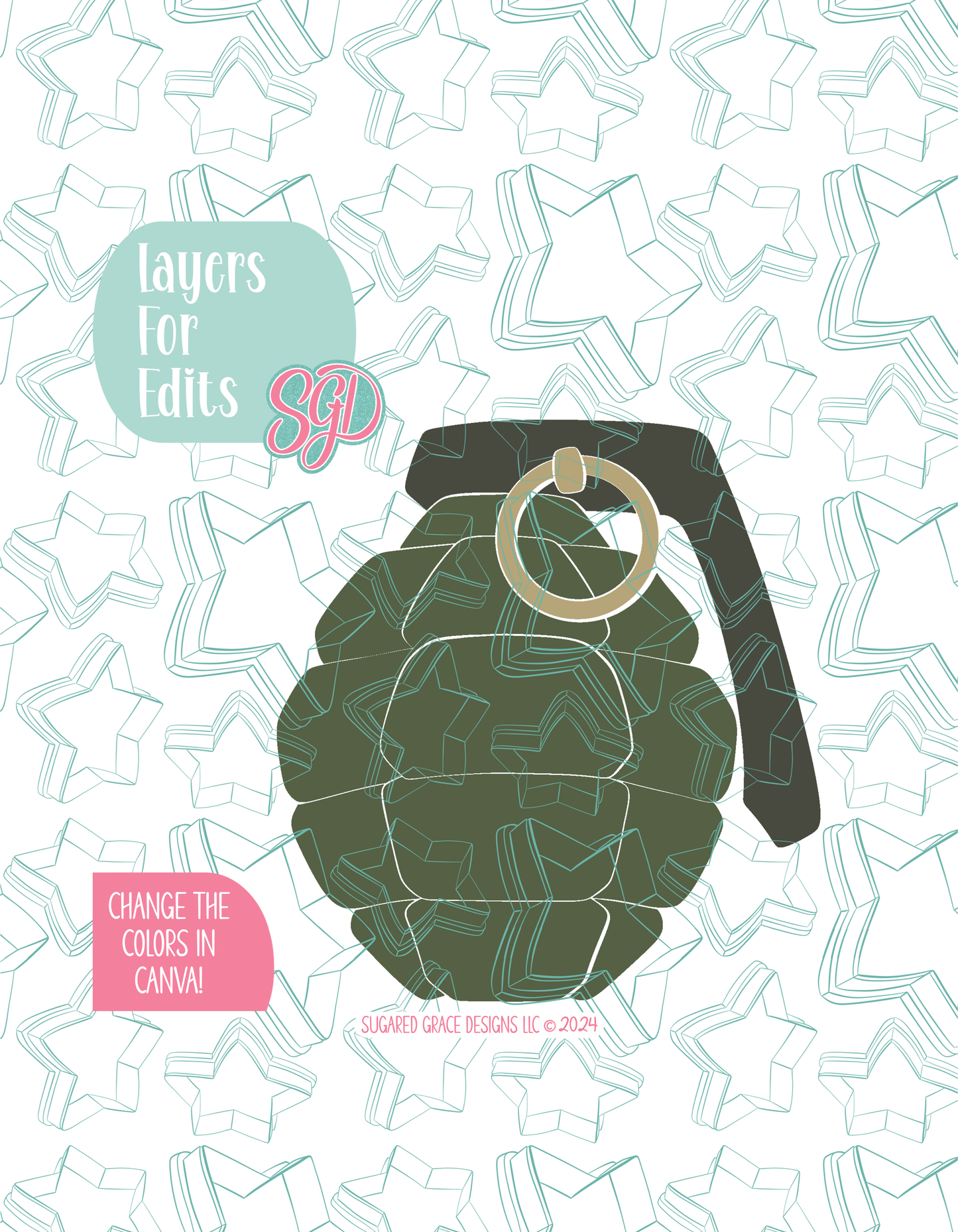 Colored layer breakdown of the hand grenade showing each section in a different color, with every color representing a separate editable layer in Canva. Displayed on a background watermarked with Sugared Grace Designs’ teal star pattern