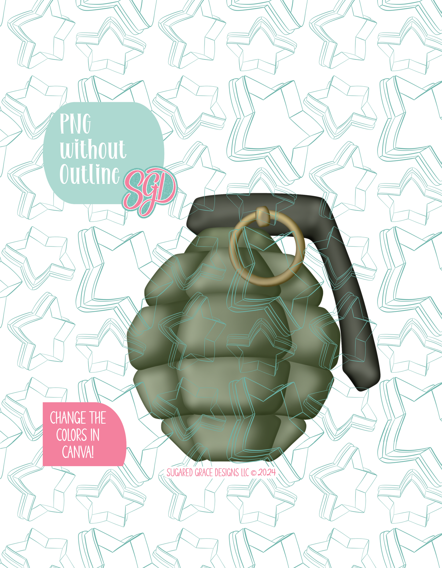 Full color version of the illustrated hand grenade, shown without black outlines on a background watermarked with Sugared Grace Designs’ tag star pattern
