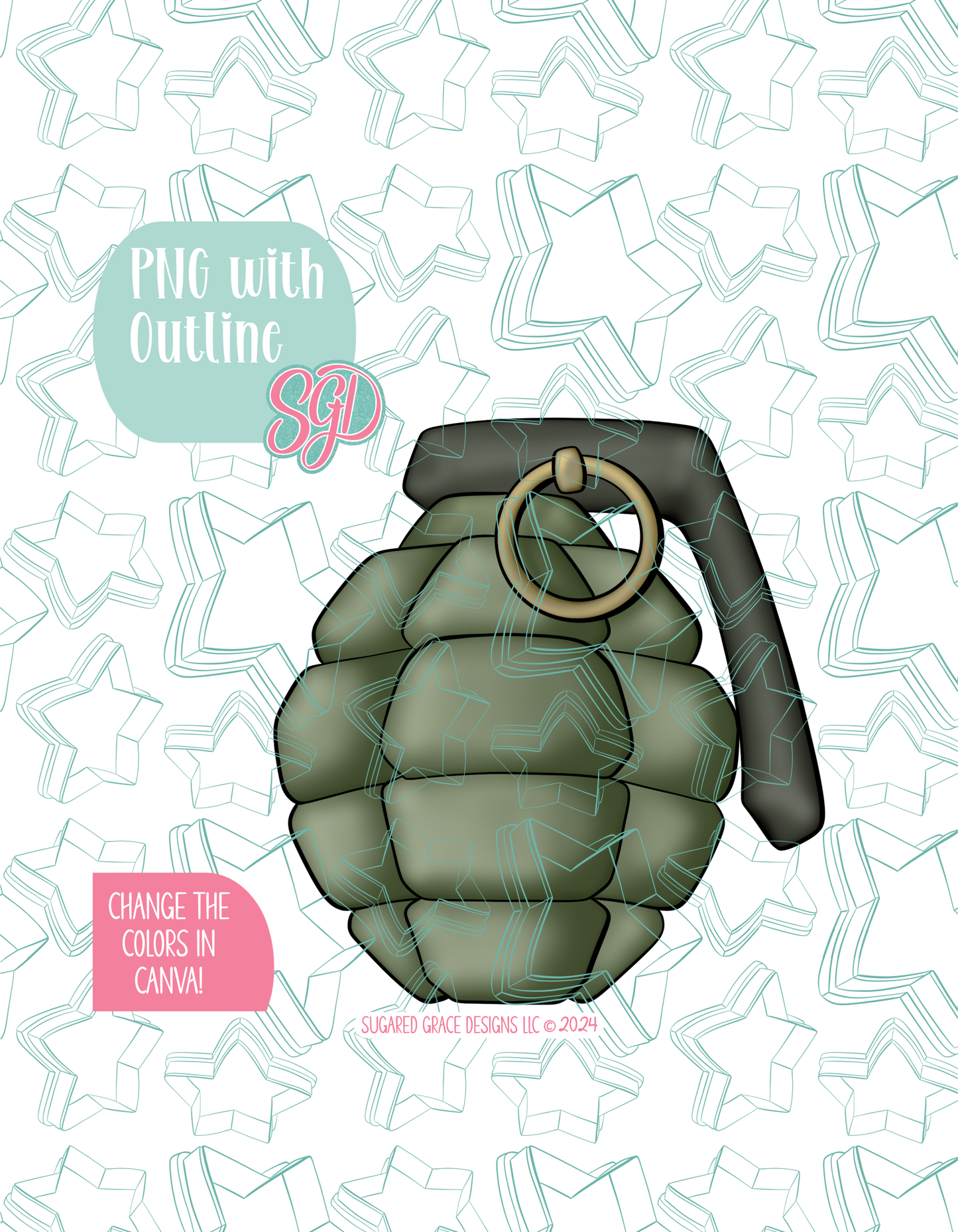 Full color illustrated hand grenade], shown with a black outline on a background watermarked with Sugared Grace Designs’ teal star pattern