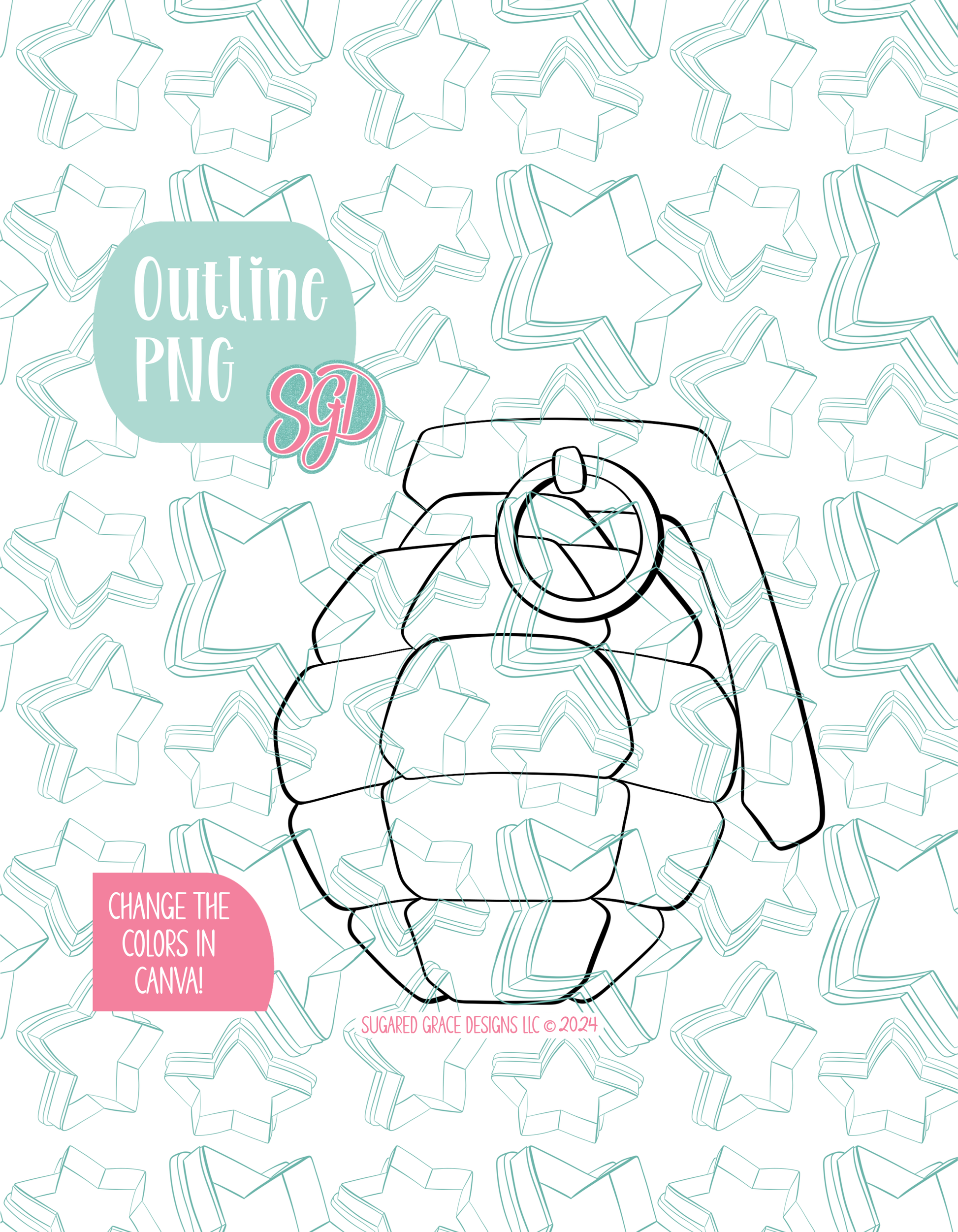 Black line outline drawing of the hand grenade], displayed on a background watermarked with Sugared Grace Designs’ teal star pattern