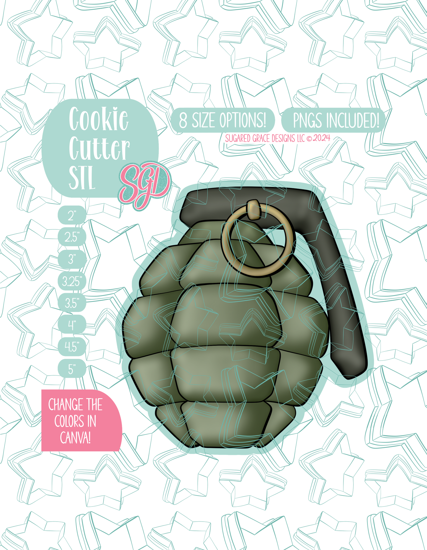 Illustrated hand grenade, displayed on a background watermarked with a teal star pattern representing Sugared Grace Design’s brand. Text explains that the listing includes a hand grenade STL cookie cutter in multiple sizes plus editable PNG files.