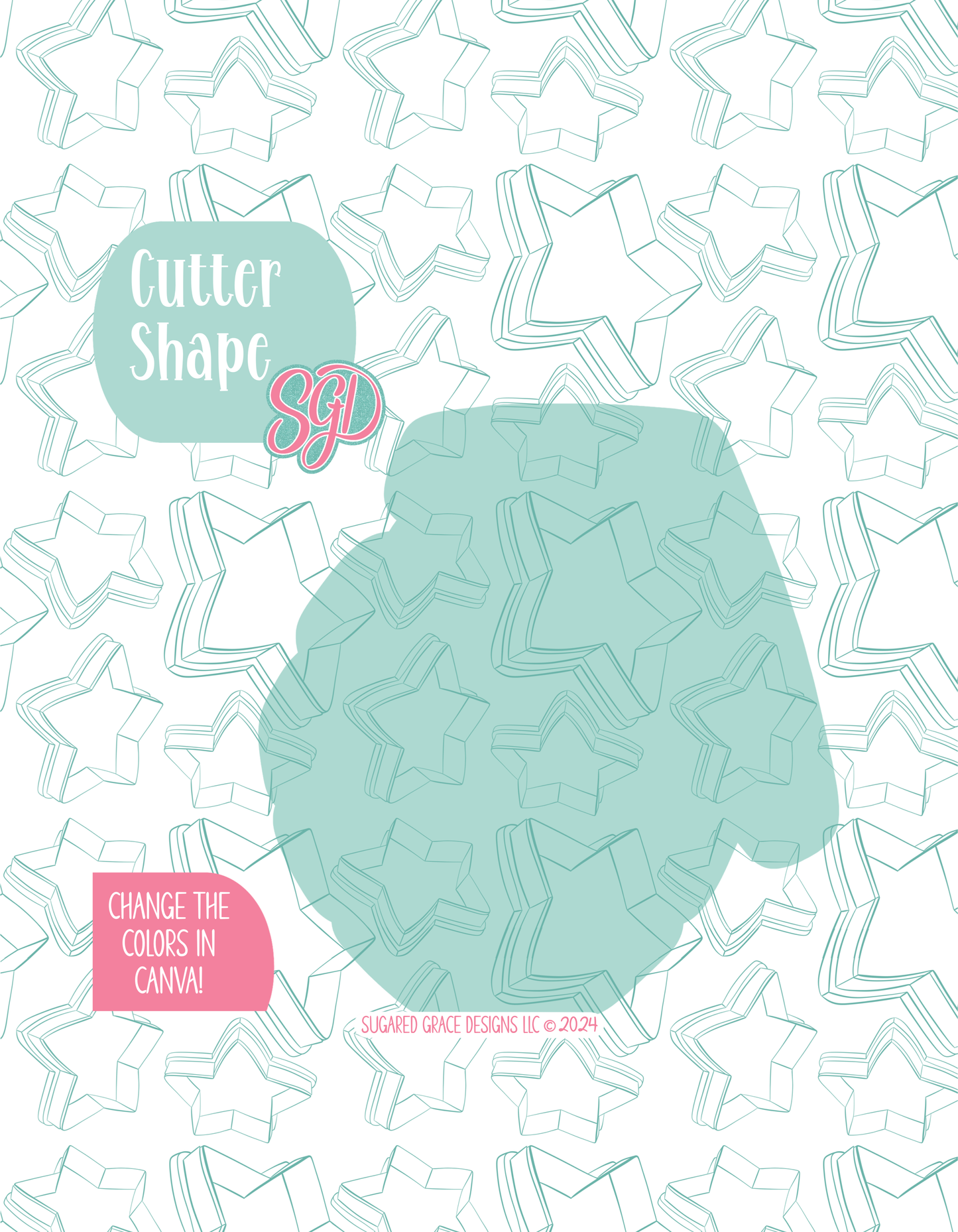 Solid teal silhouette showing the exact outer shape of the hand grenade cookie cutter, displayed on a background watermarked with Sugared Grace Design’s teal star pattern