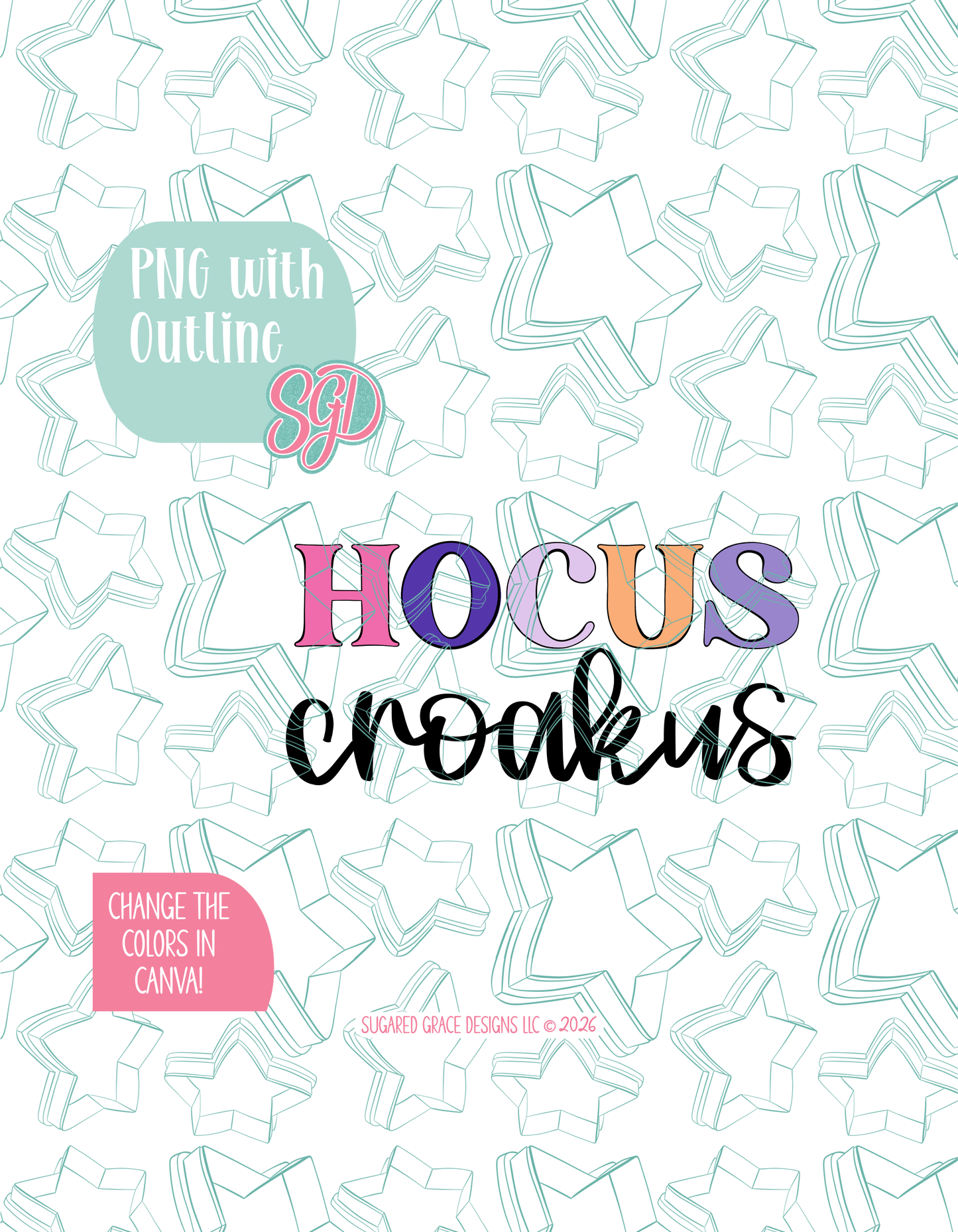 Full color illustrated Hocus Croakus Plaque, shown with a black outline on a background watermarked with Sugared Grace Designs’ teal star pattern