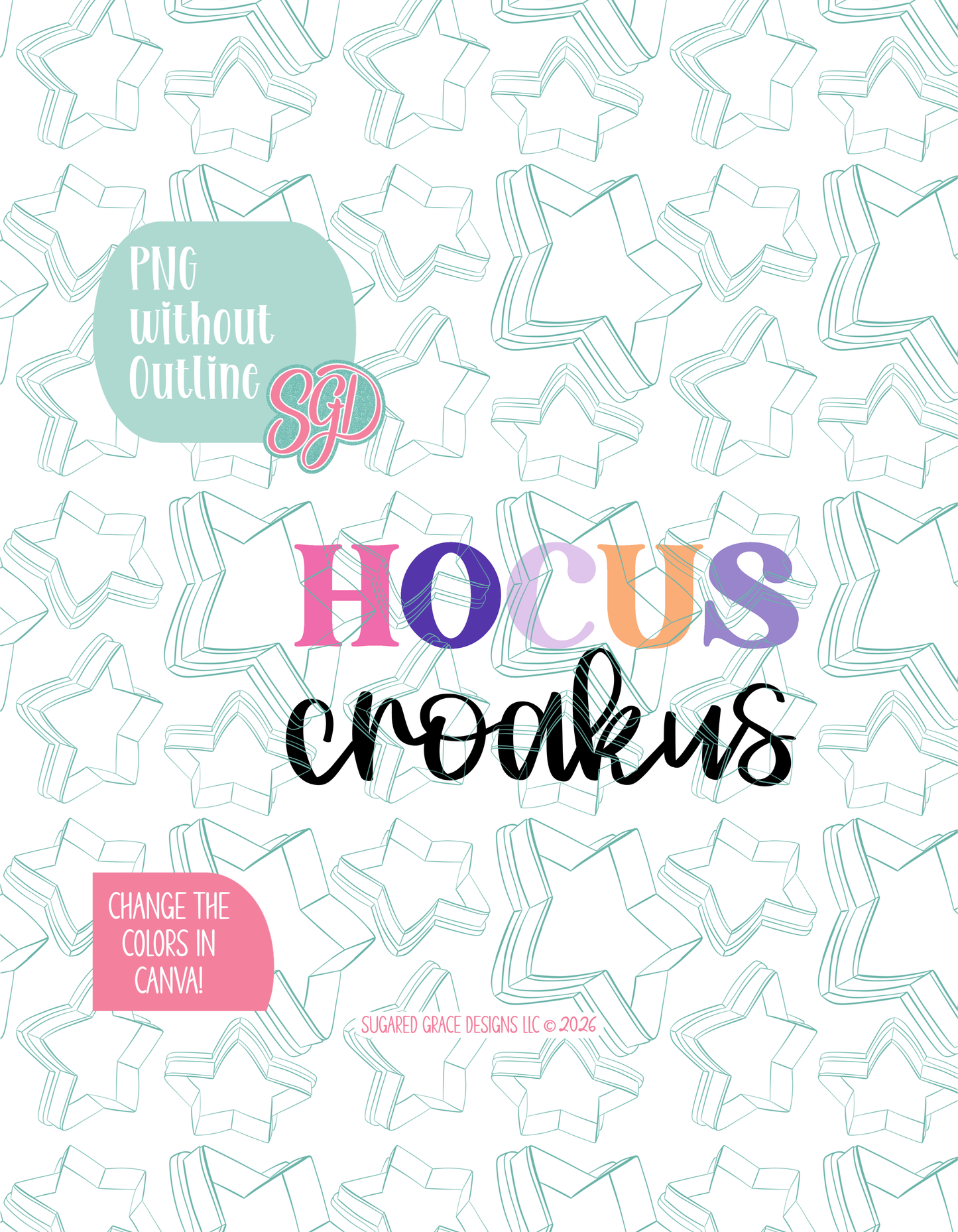 Full color version of the illustrated Hocus Croakus Plaque, shown without black outlines on a background watermarked with Sugared Grace Designs’ tag star pattern