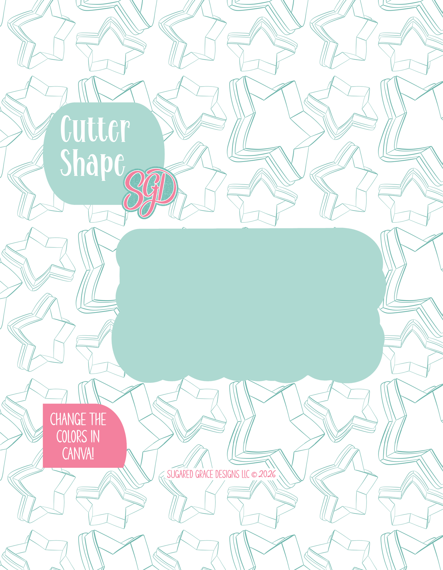 Solid teal silhouette showing the exact outer shape of the Hocus Croakus Plaque cookie cutter, displayed on a background watermarked with Sugared Grace Design’s teal star pattern