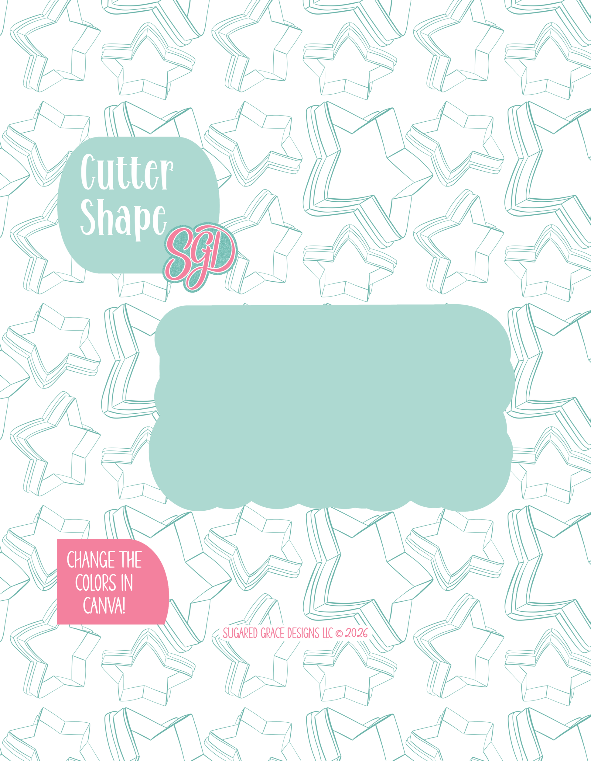Solid teal silhouette showing the exact outer shape of the Hocus Croakus Plaque cookie cutter, displayed on a background watermarked with Sugared Grace Design’s teal star pattern